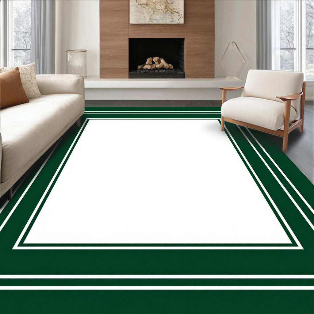 Elegant Dark Green White Border Rug