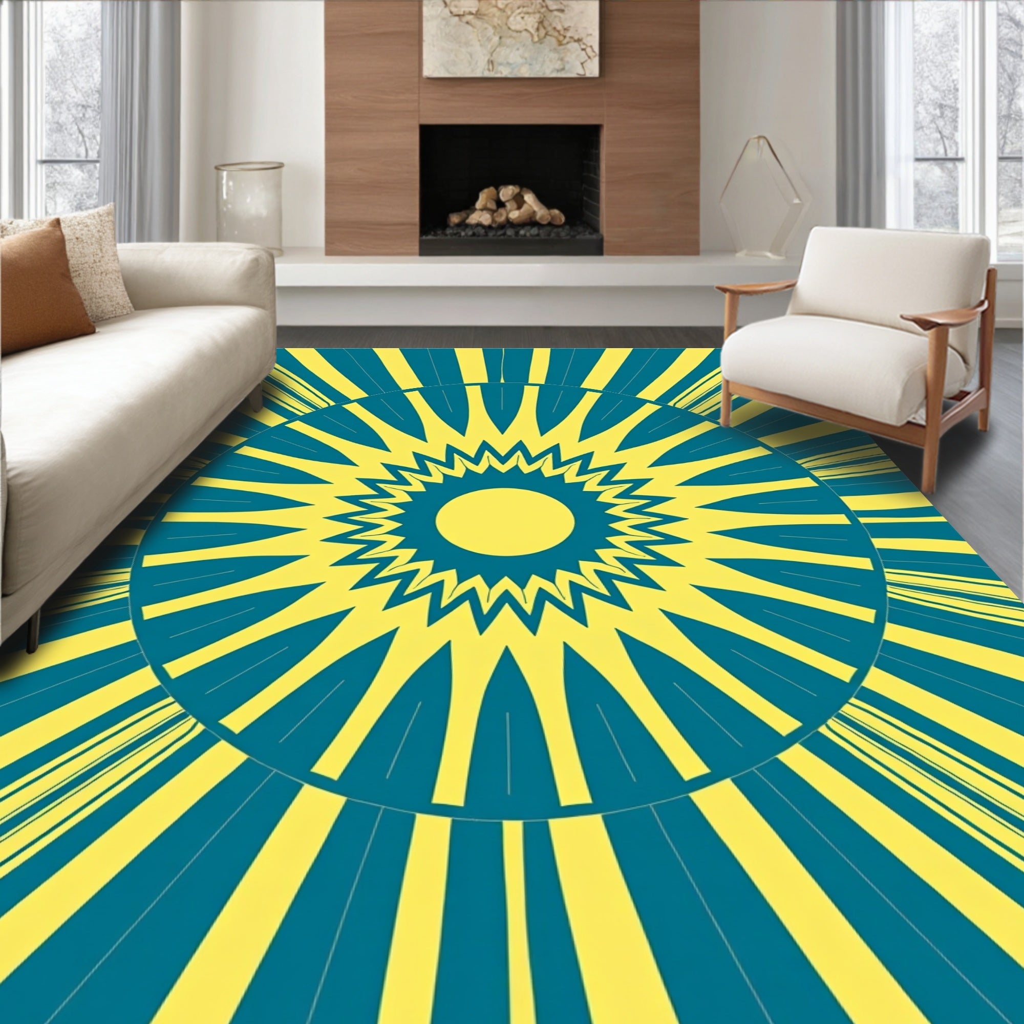 Radiant Sunburst Geometric Teal Yellow Rug