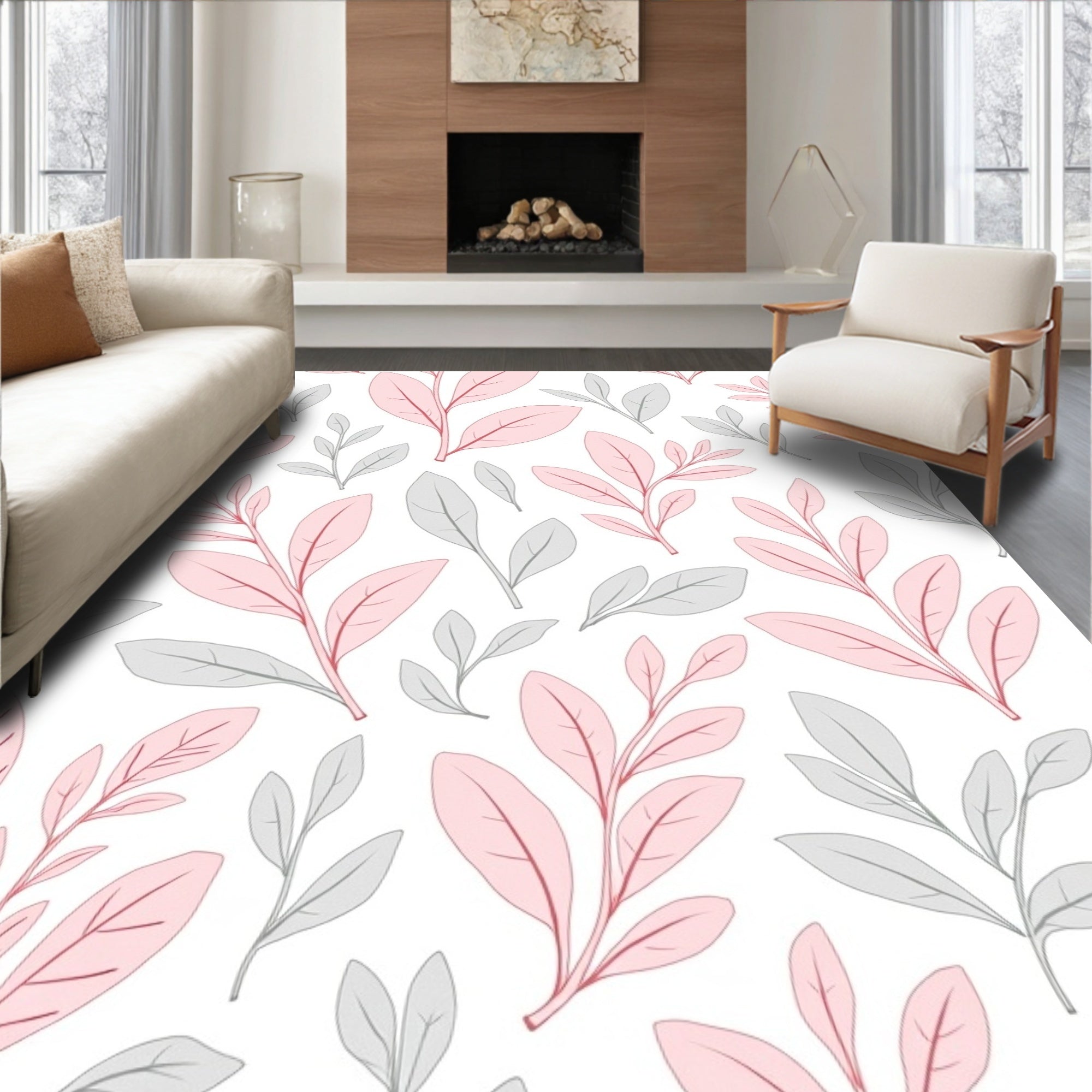 Soft Pink Gray Foliage Pattern Rug