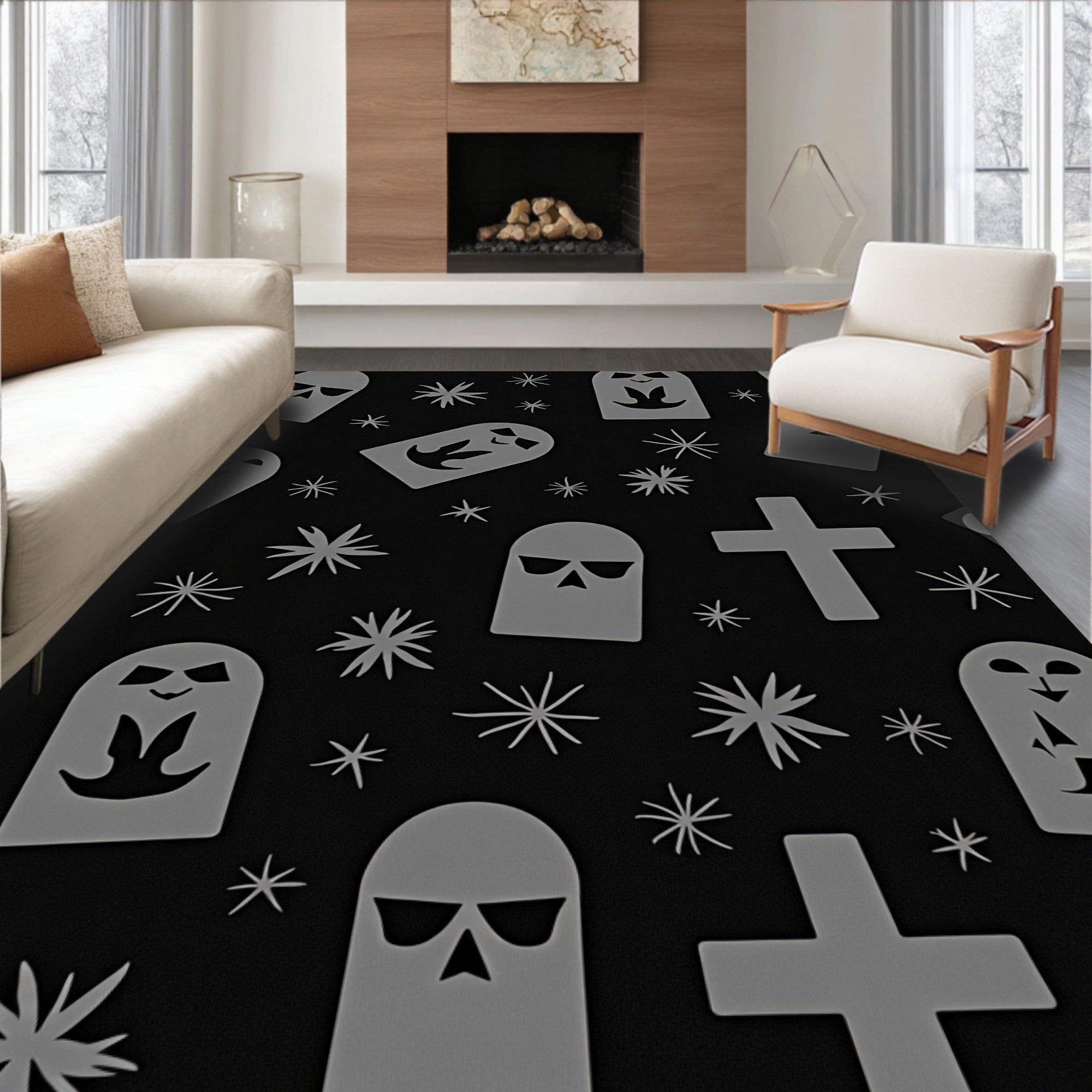 Spooky Ghost Tombstone Pattern Design Rug