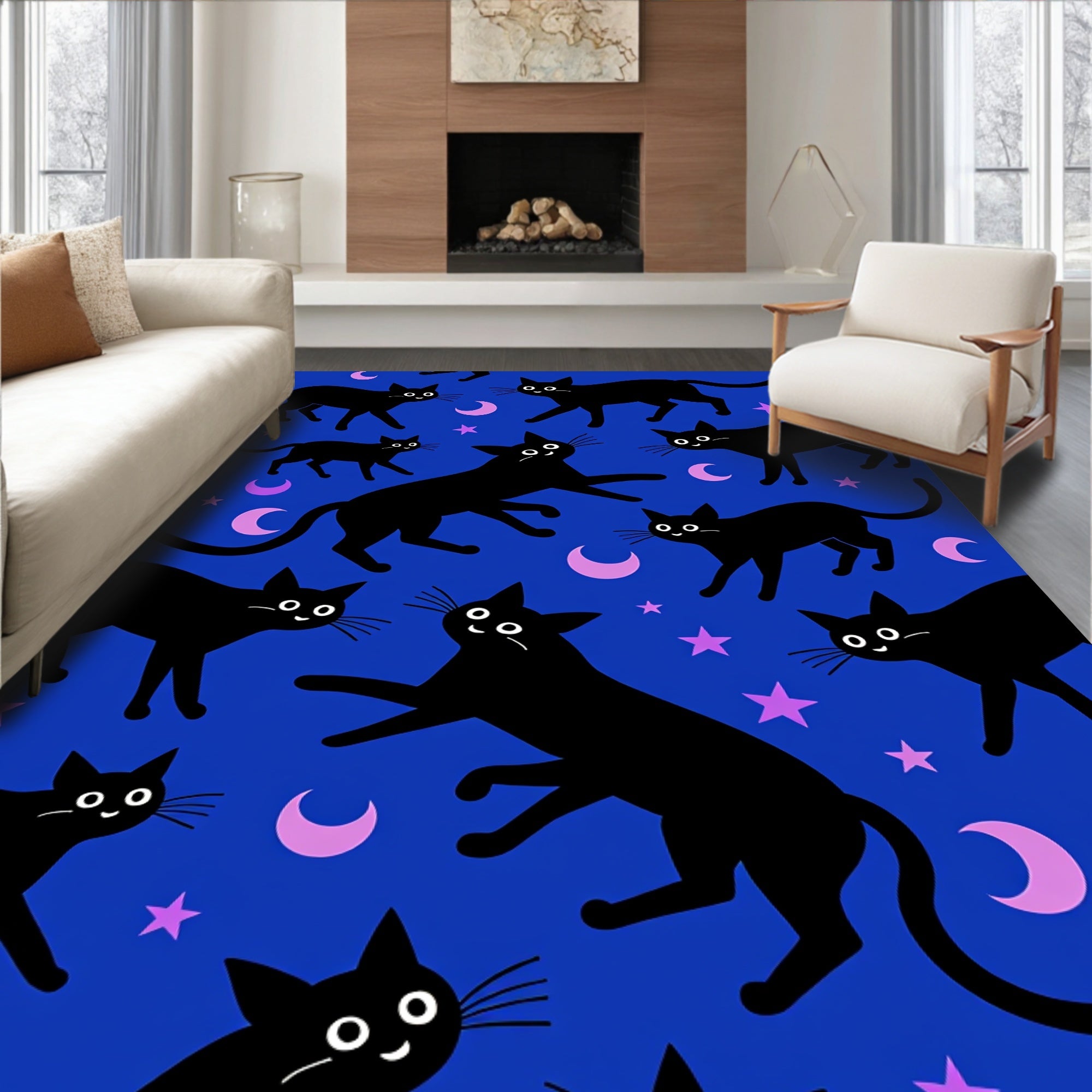 Whimsical Black Cats Moon Stars Rug
