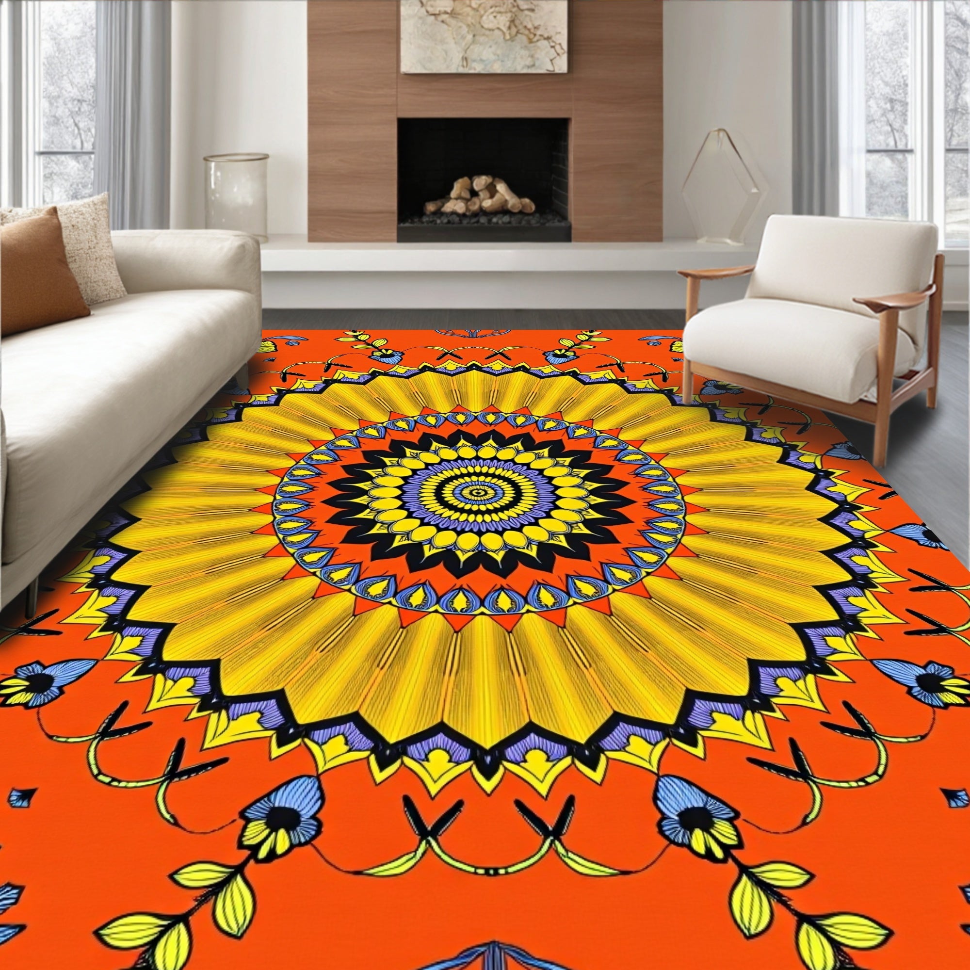 Vibrant Mandala Floral Sun Design Rug