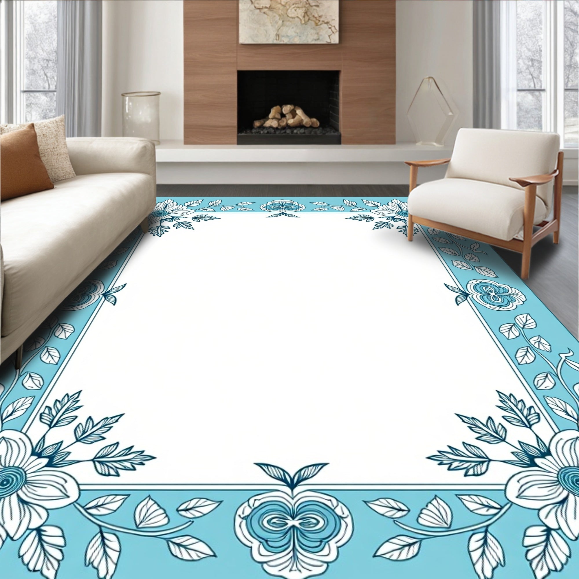 Blue Floral Vine Elegant Frame Rug