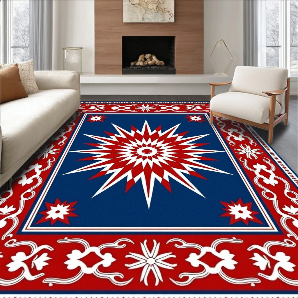 Red White Starburst And Floral Border Rug