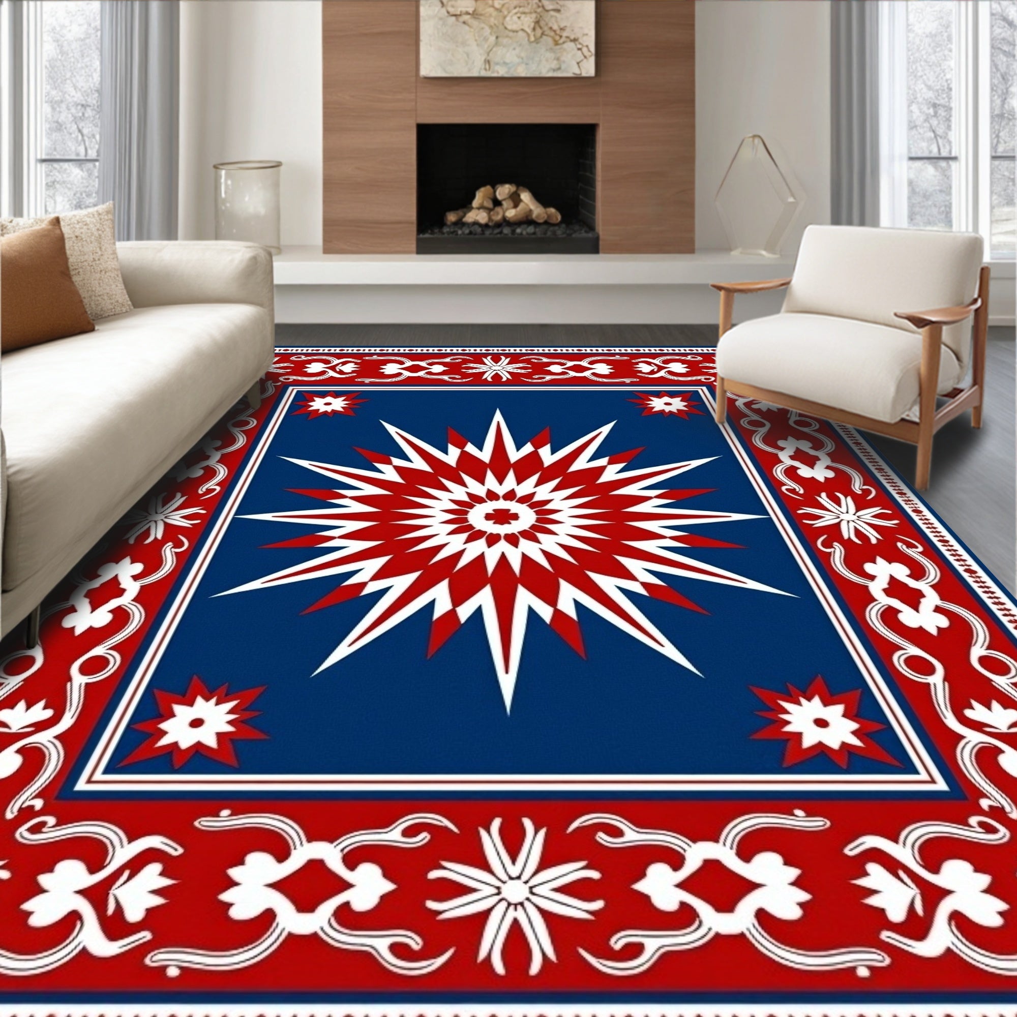 Red White Starburst And Floral Border Rug