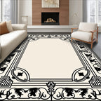 Ornate Black Floral Border Design Rug