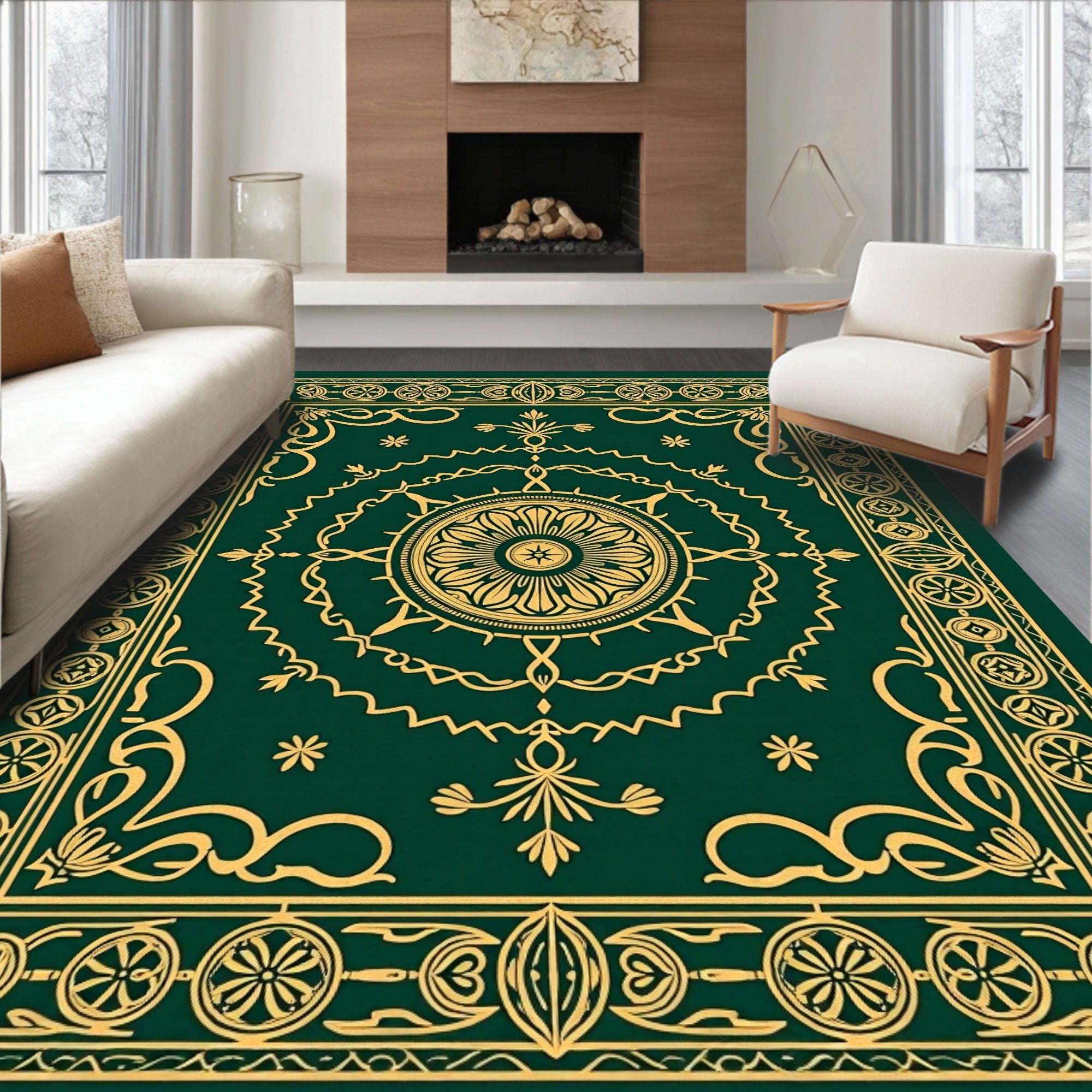 Antique Gold Border Mandala Design Rug
