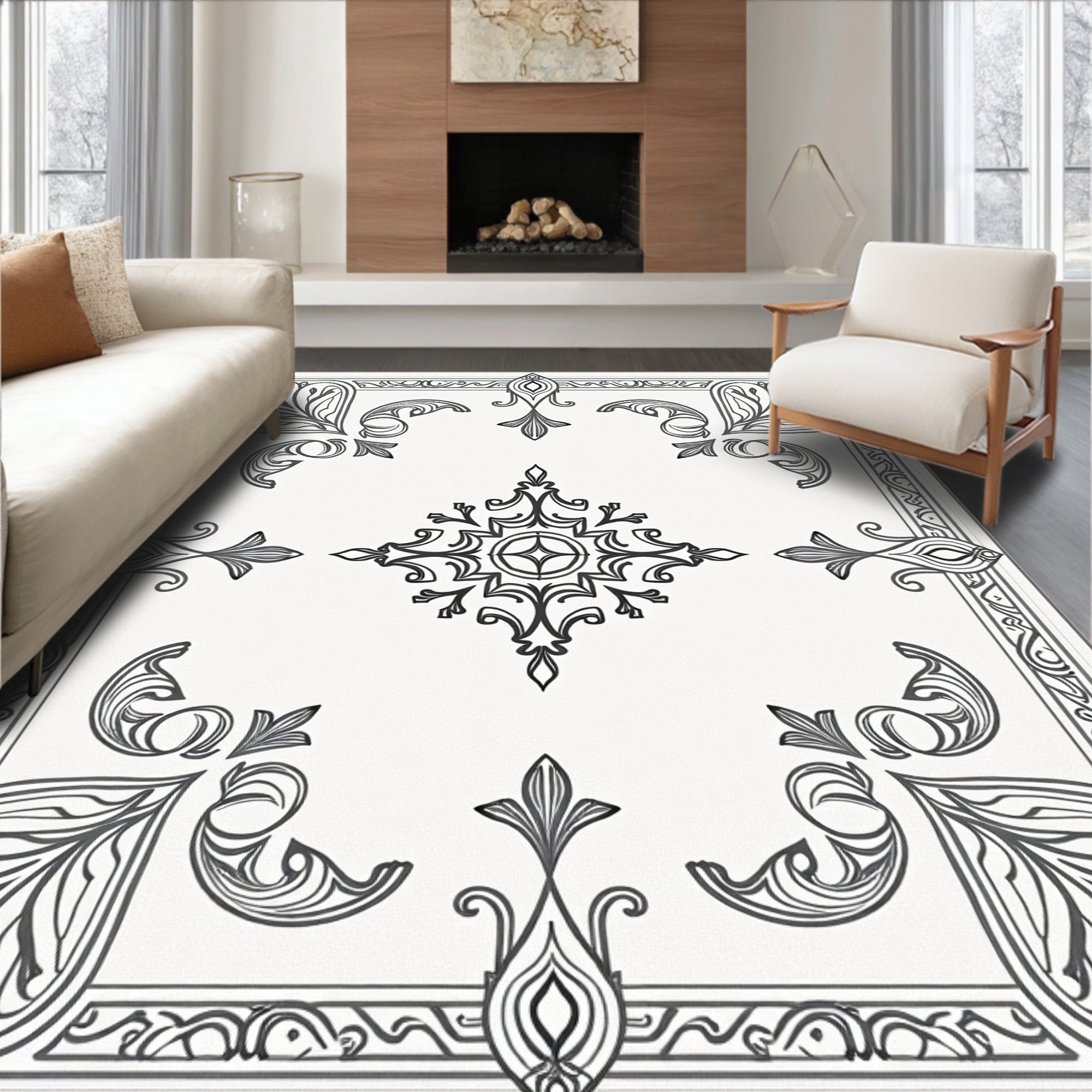 Classic Floral Scrollwork With Geometric Detail Rug