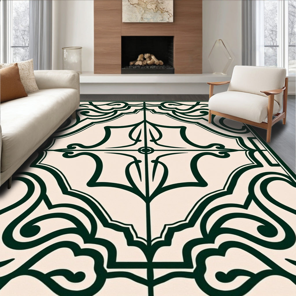 Classic Dark Green Nouveau Scroll Pattern Rug