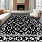 Classic Black White Floral Border Design Rug