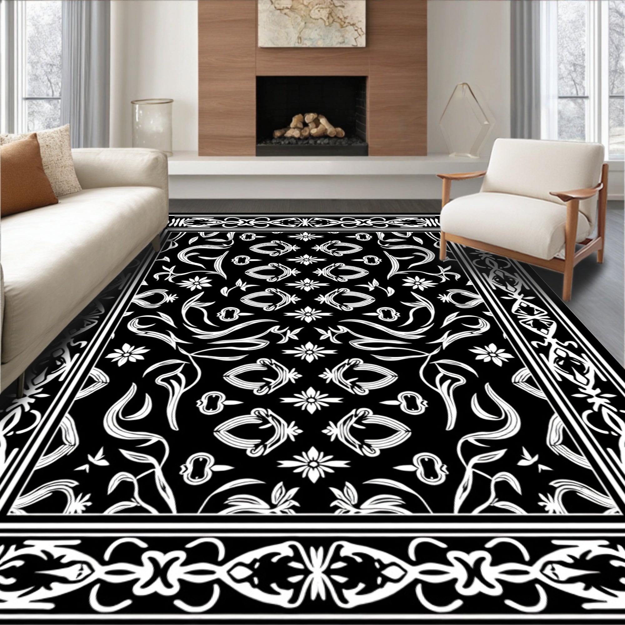 Classic Black White Floral Border Design Rug