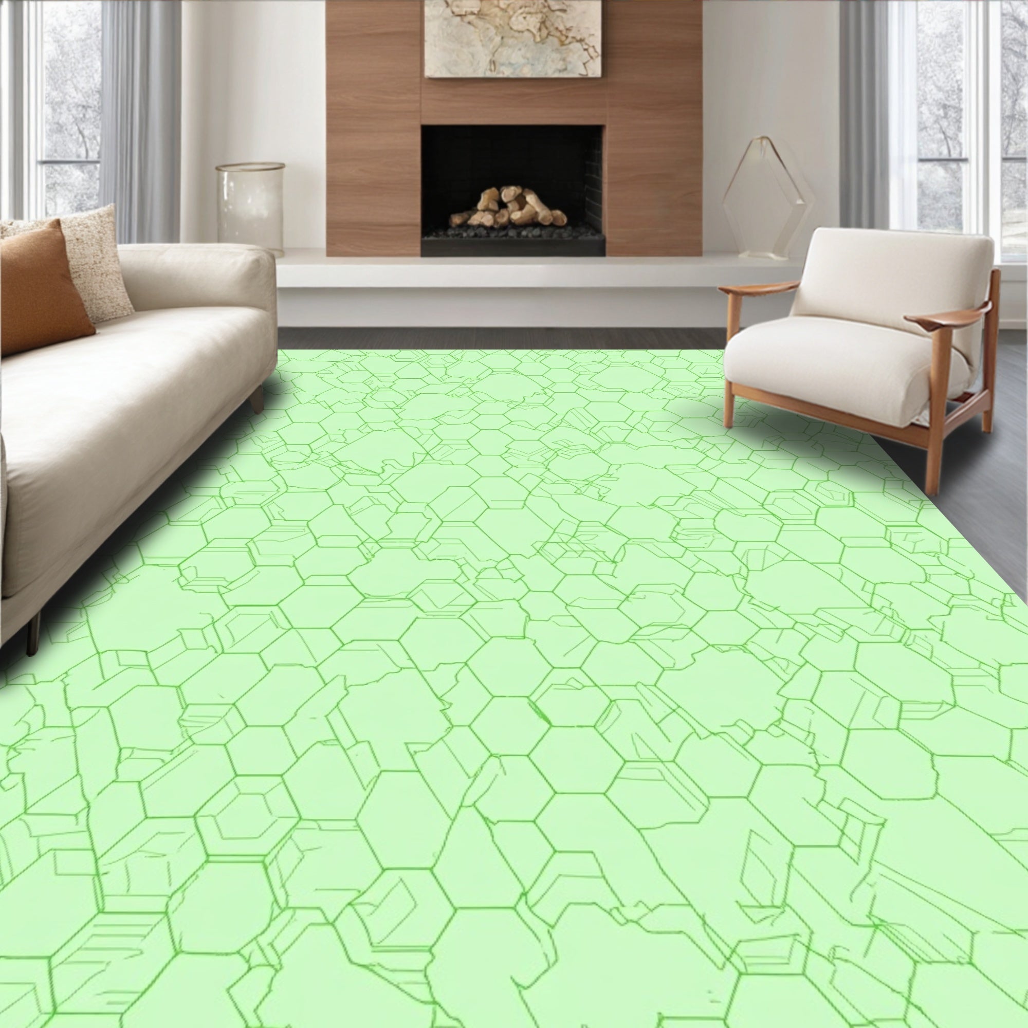 Green Outline Hexagon Patterned Rug