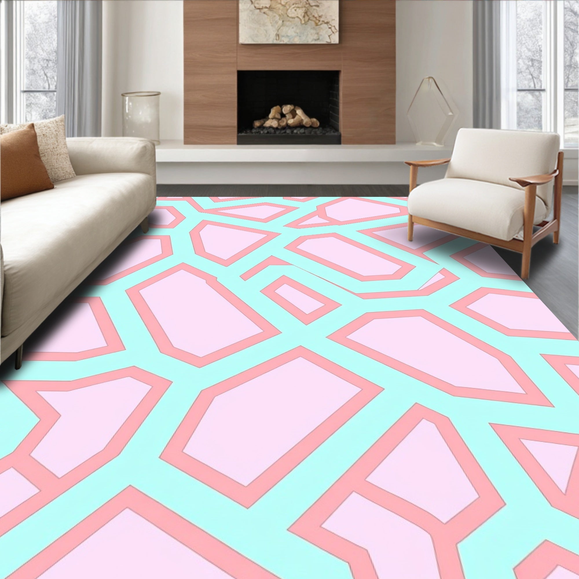Geometric Network Pastel Pink Teal Rug