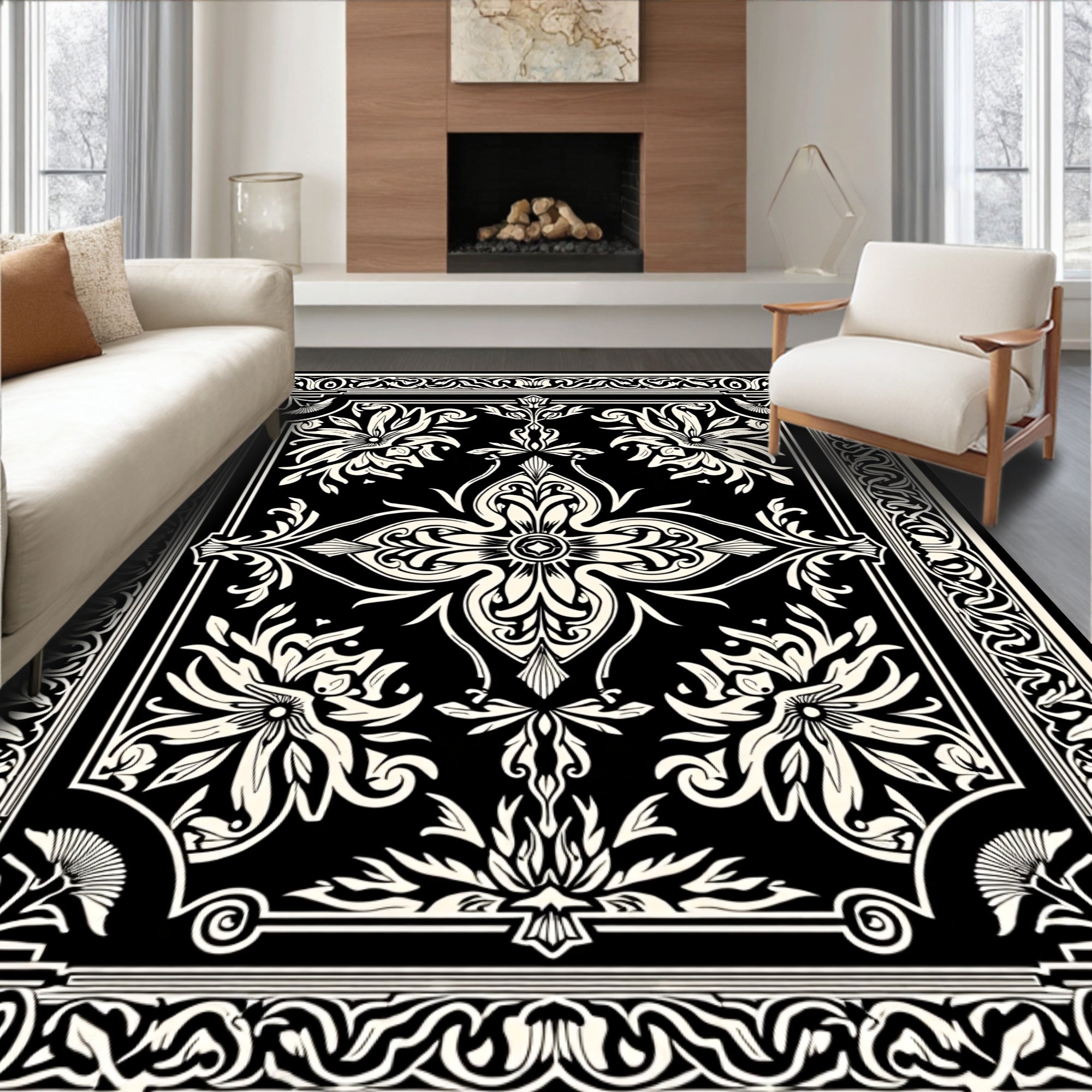 Classic Floral Medallion Black And White Rug
