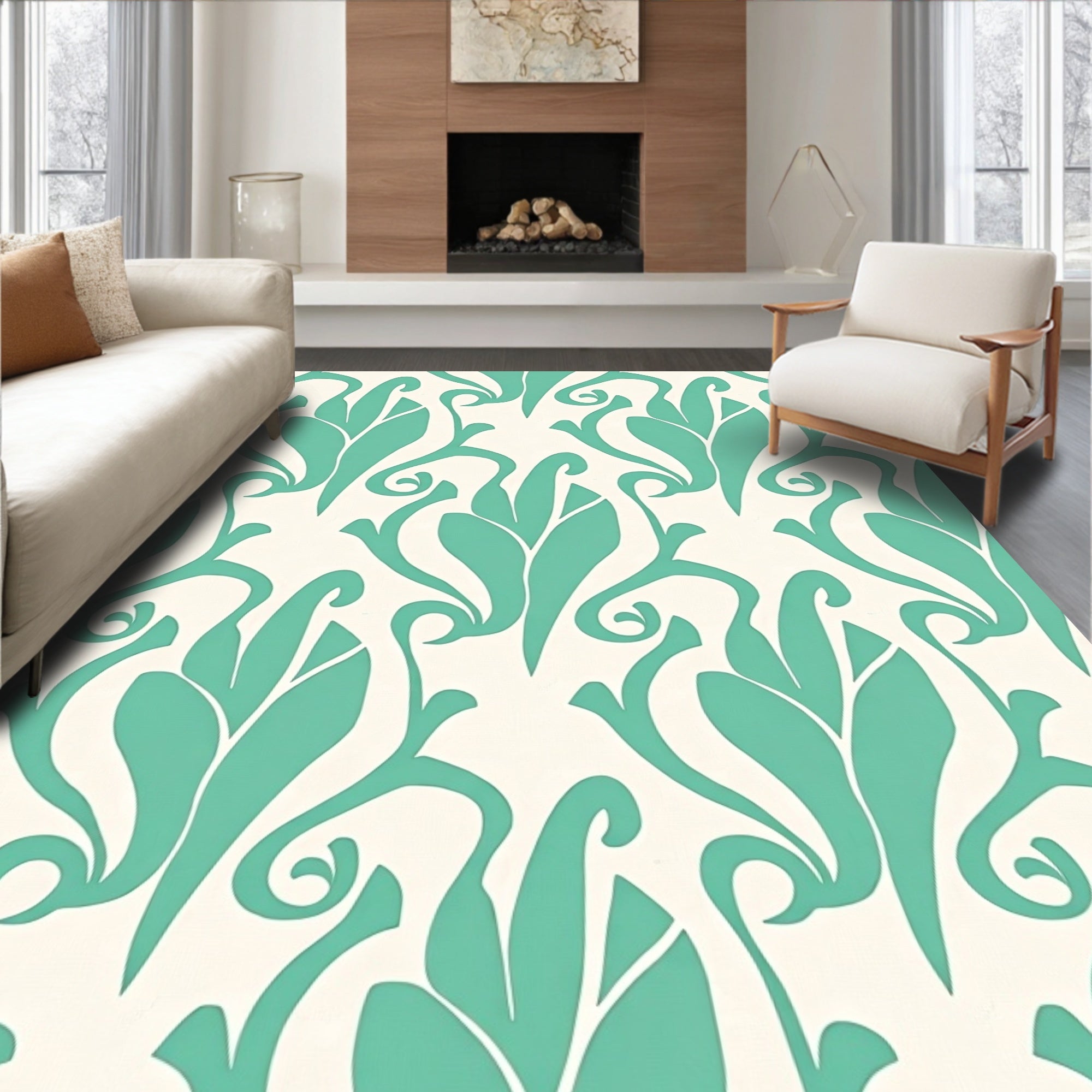 Elegant Teal Ivory Floral Pattern Rug
