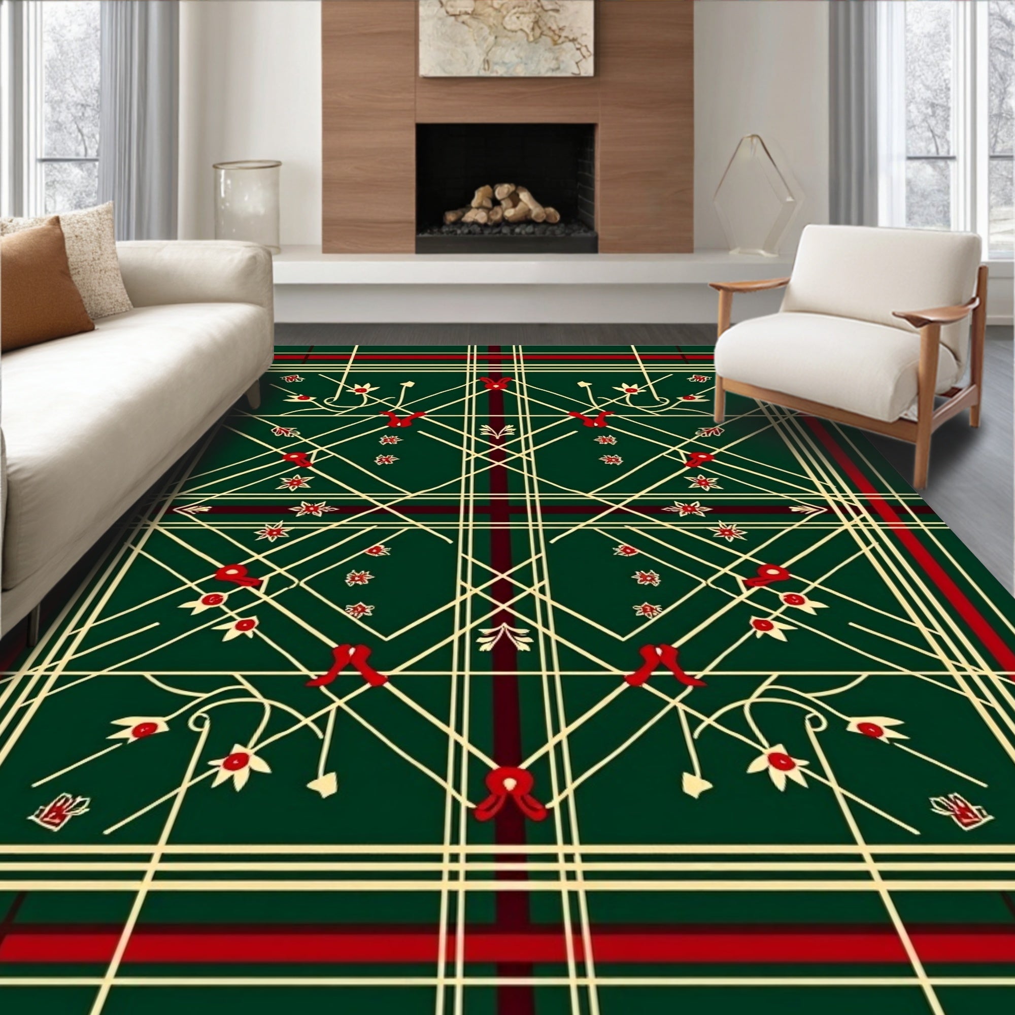 Green Red Cream Tartan Floral Vines Rug