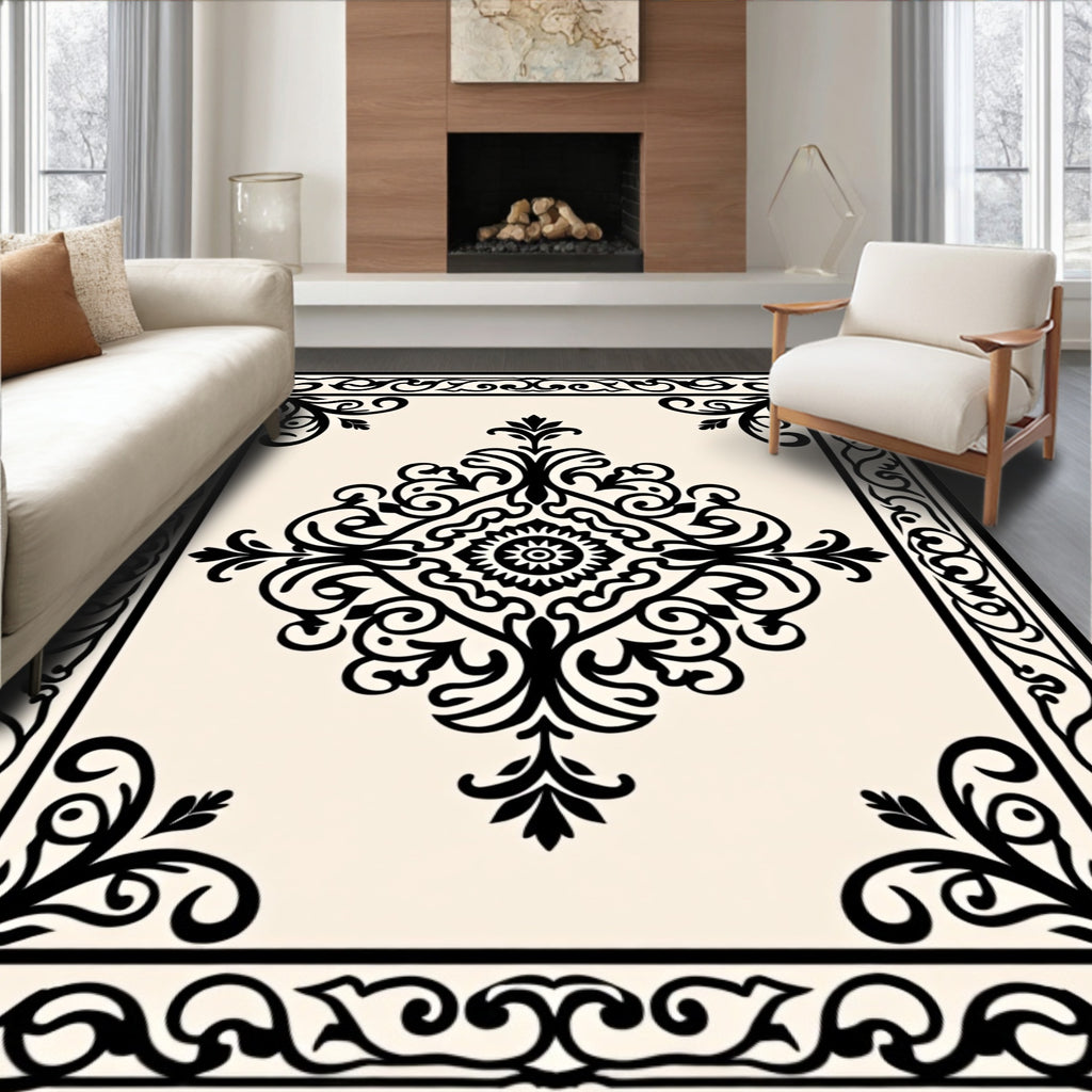 Classic Black White Floral Frame Rug