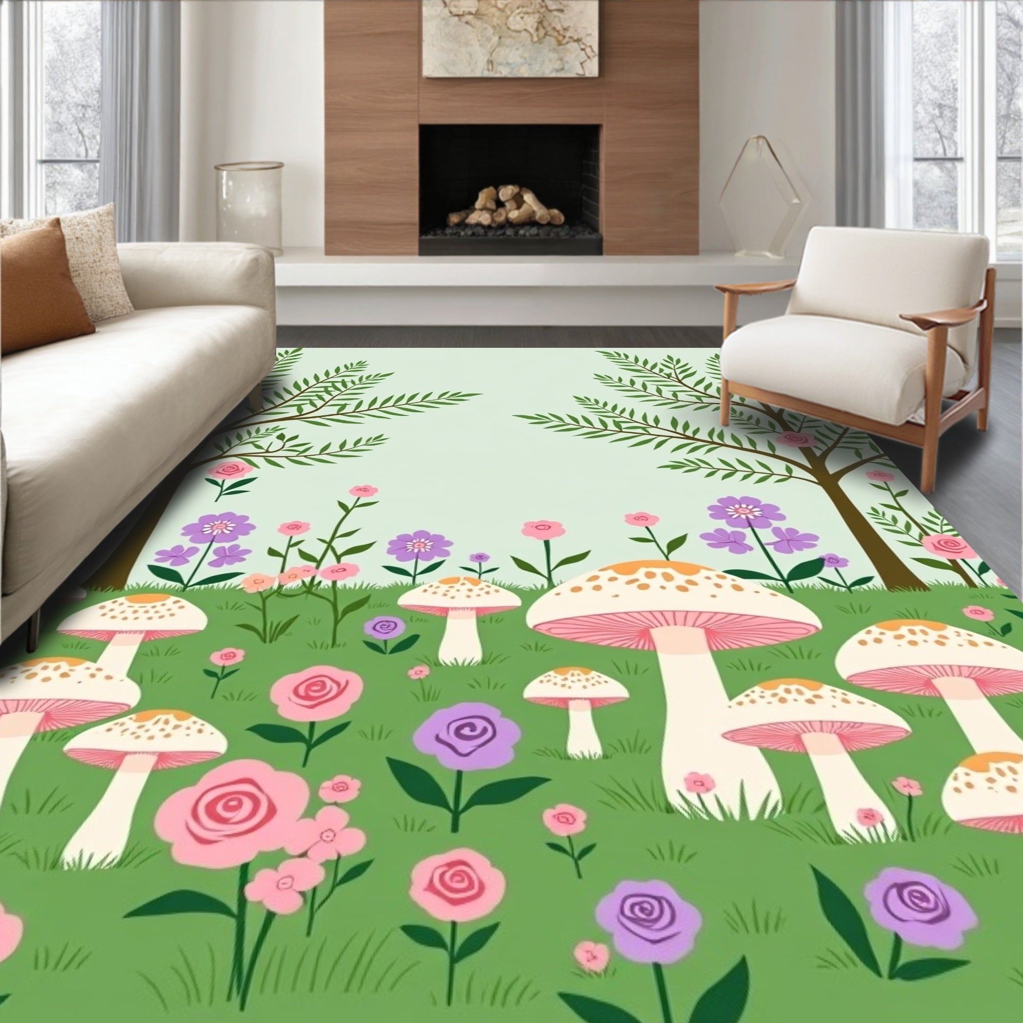 Whimsical Forest Mushroom Flower Garden Design Rug