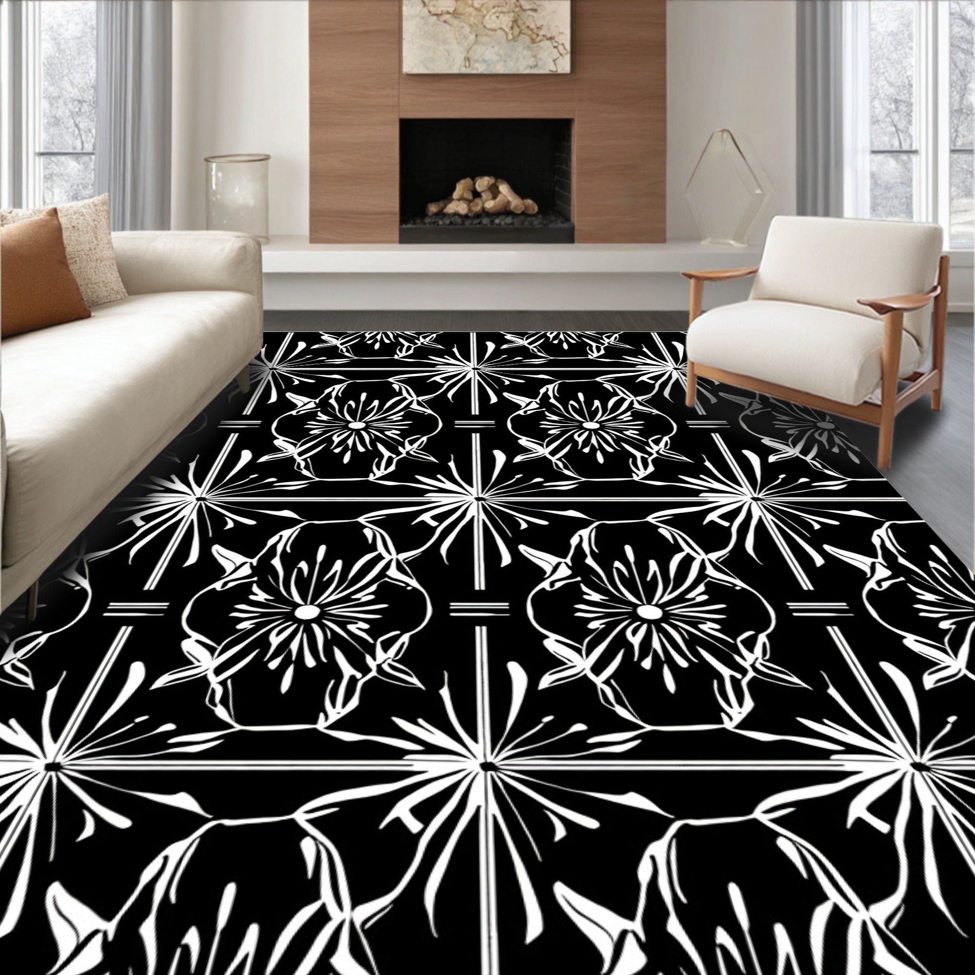 Elegant Black White Floral Damask Rug