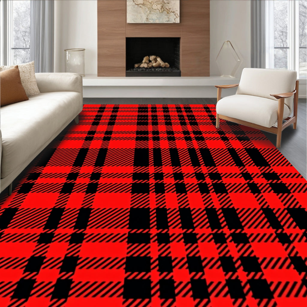 Bold Red Black Tartan Pattern Rug
