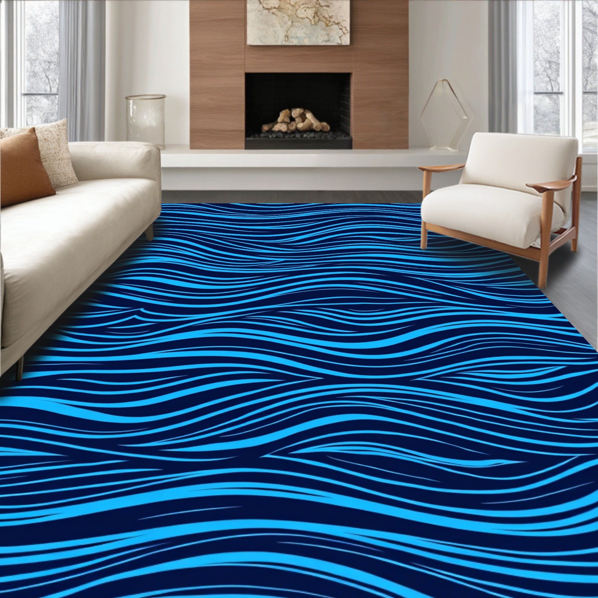 Dynamic Blue Wavy Lines Pattern Rug