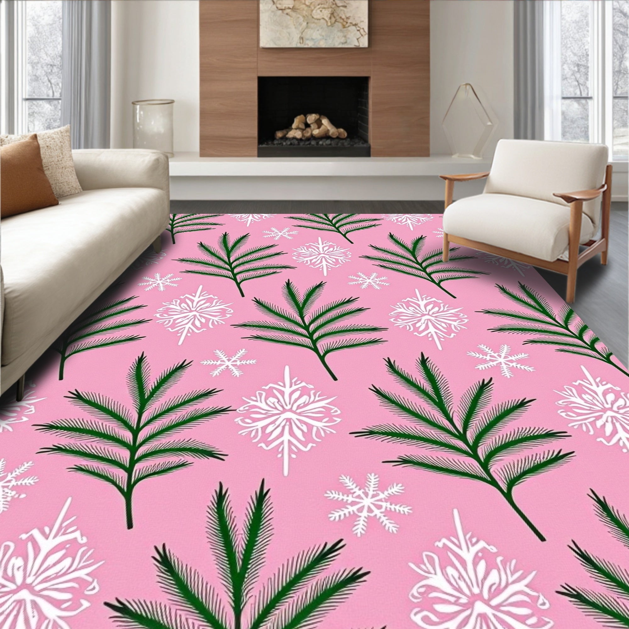Green Pine White Snowflake Pattern Rug