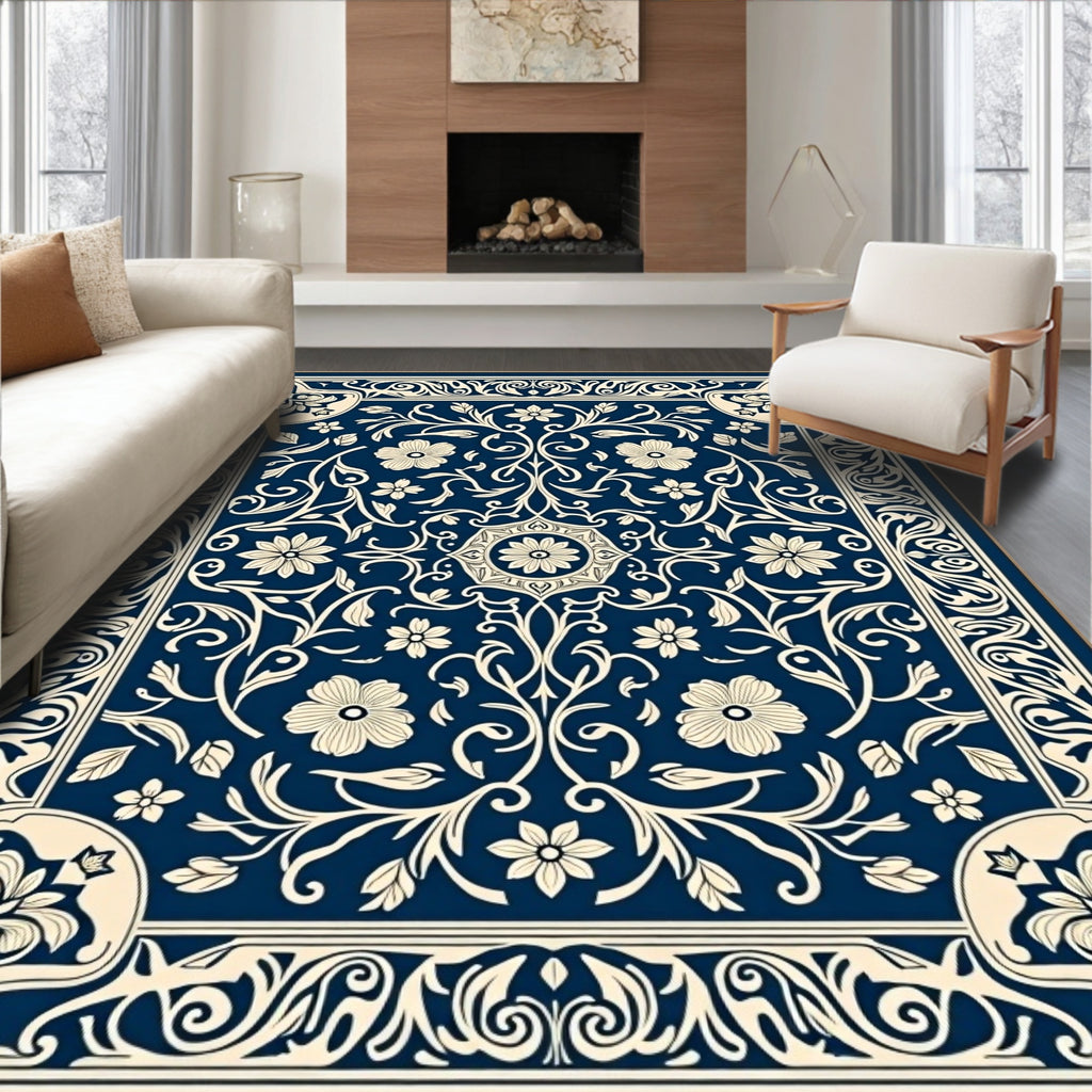 Intricate Floral Blue Cream Vintage Pattern Rug