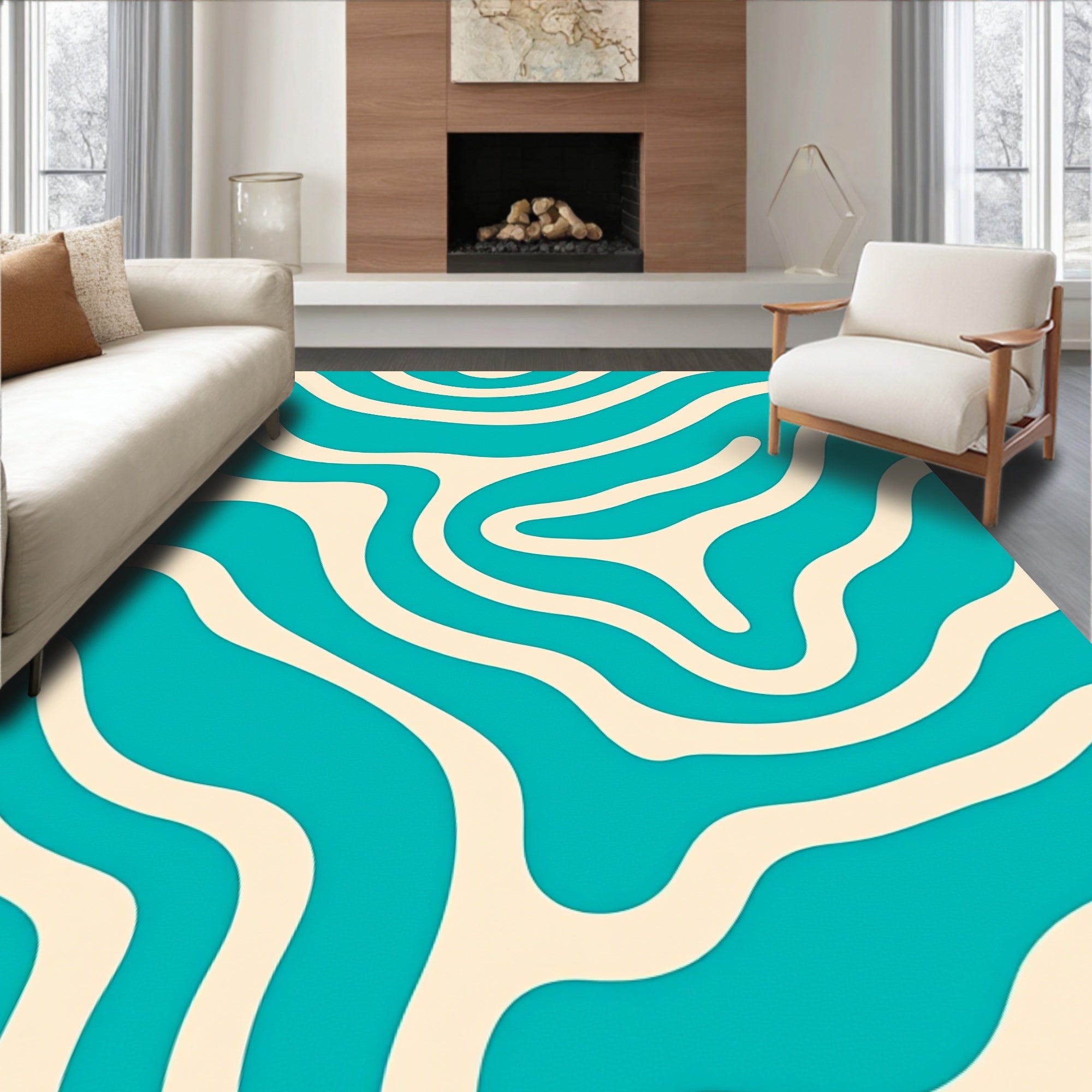 Teal Cream Bold Wavy Lines Rug