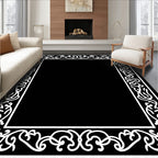 Ornate Black White Scrollwork Border Design Rug