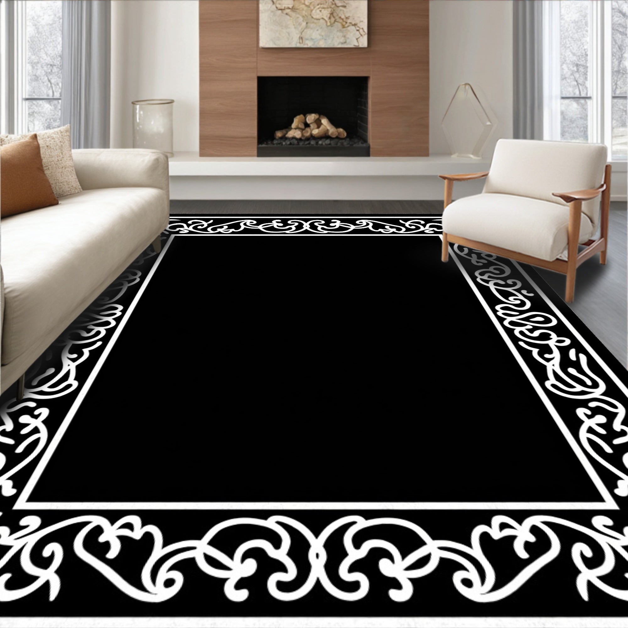 Ornate Black White Scrollwork Border Design Rug