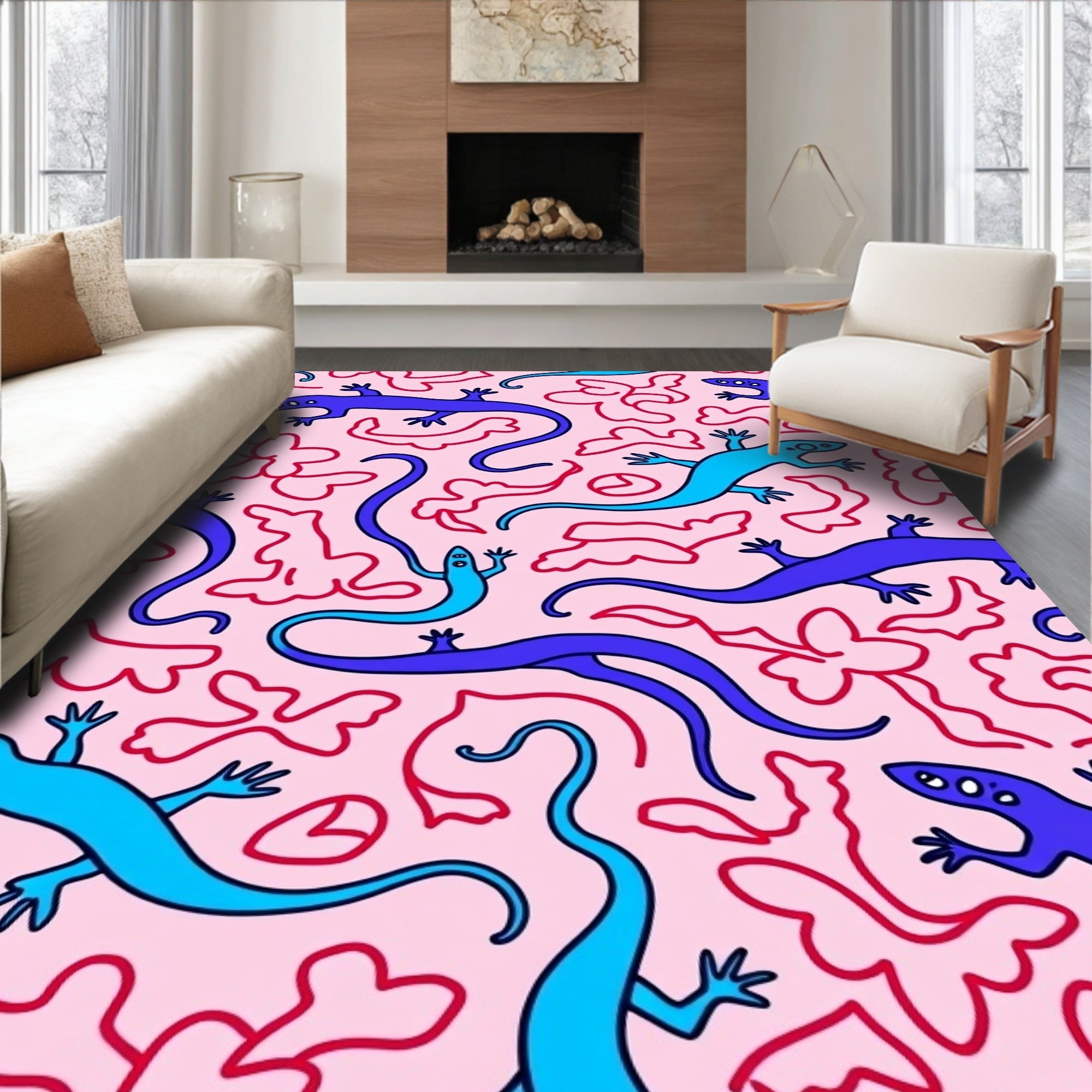 Whimsical Lizard Pattern Playful Design Rug