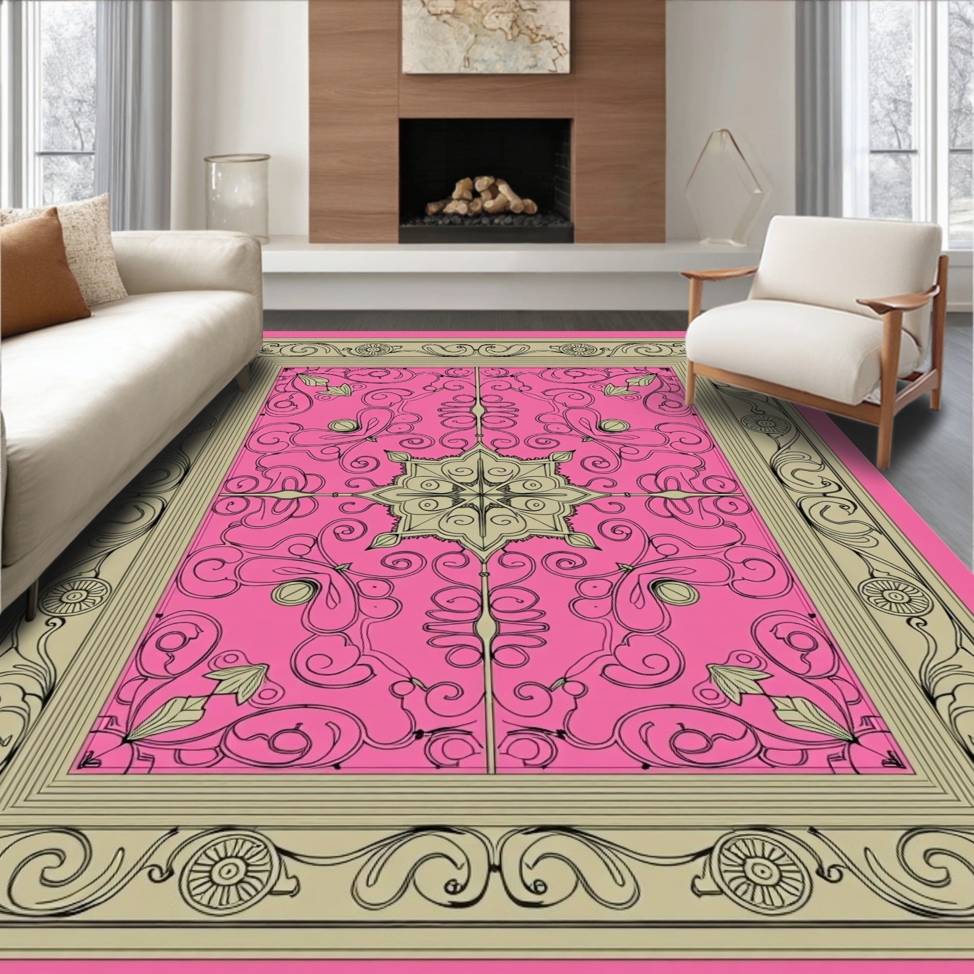 Vibrant Pink Floral Scroll Medallion Rug