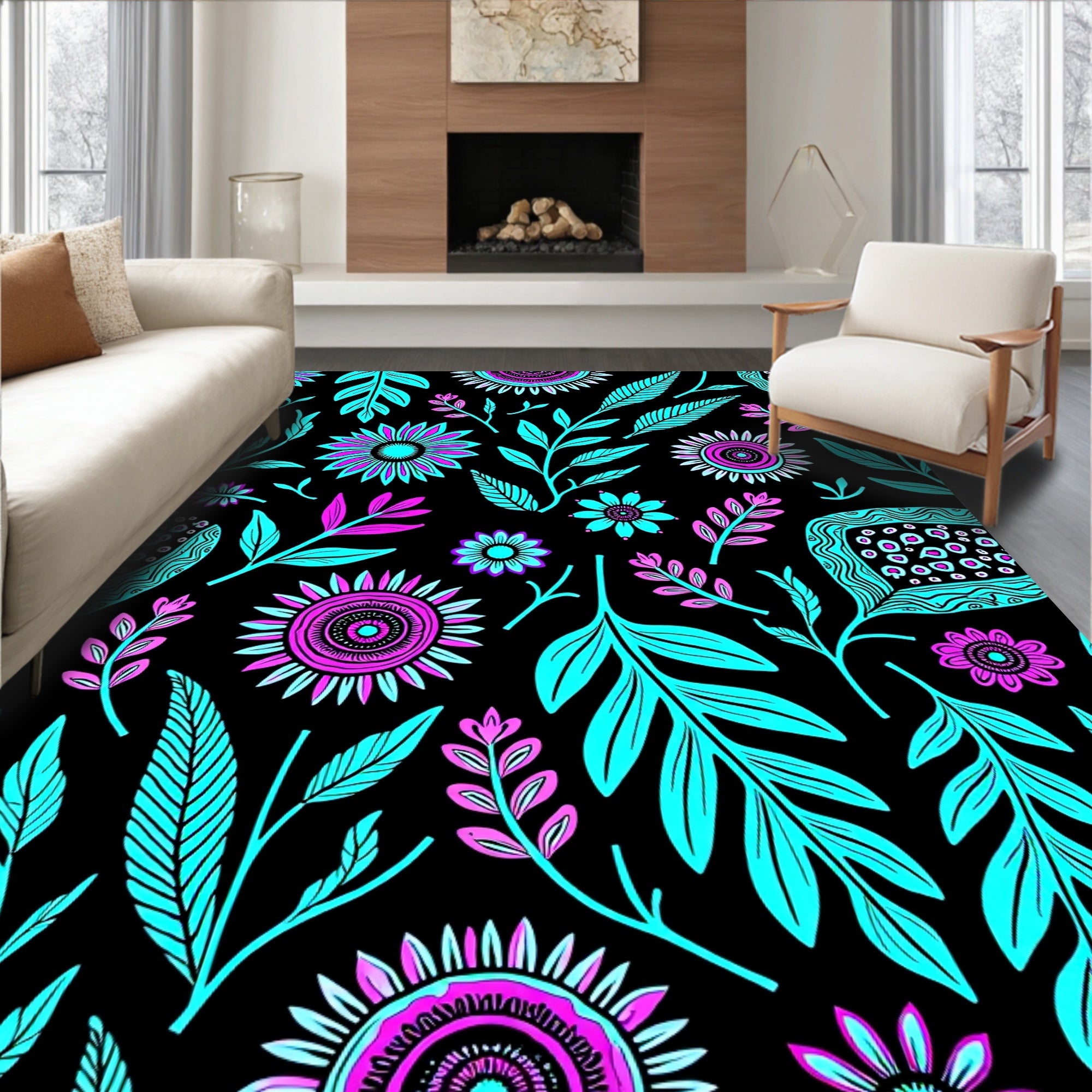 Vibrant Floral Leaf Pattern Design Rug