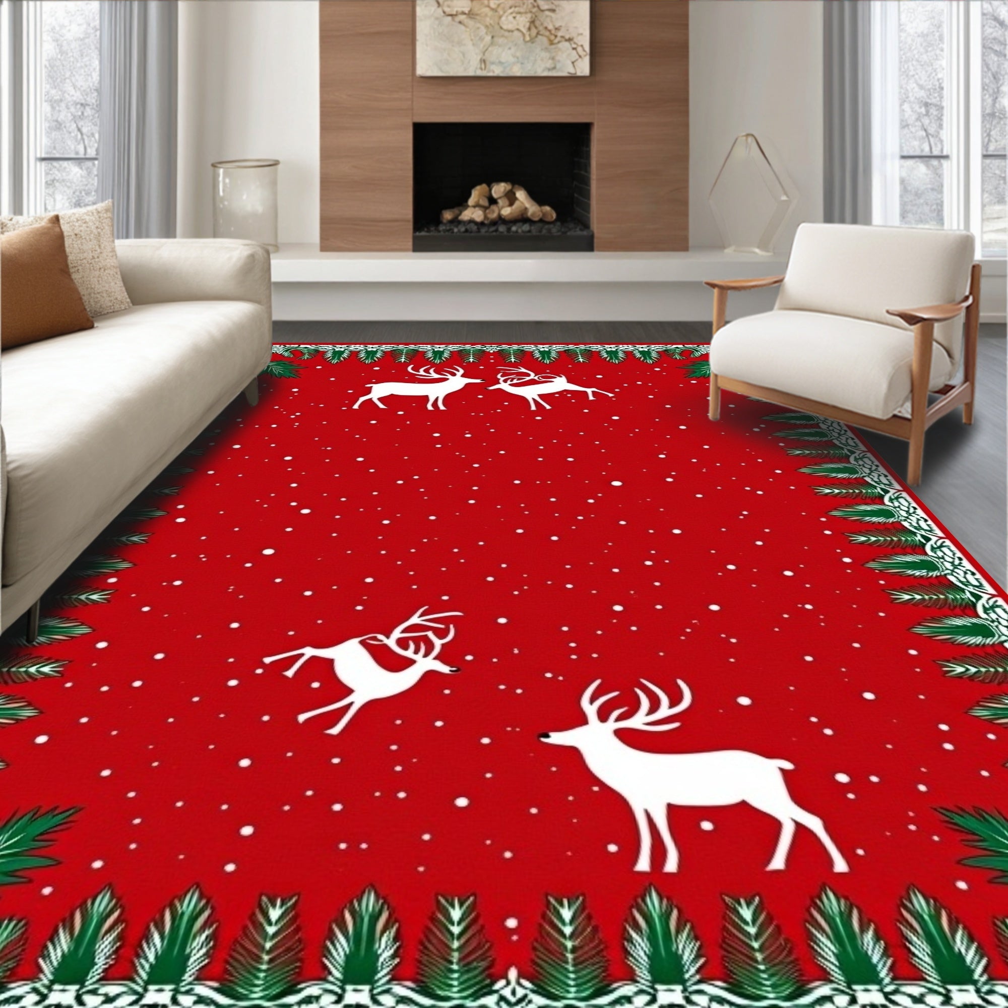 Festive Red Deer Snowflake Pattern Rug