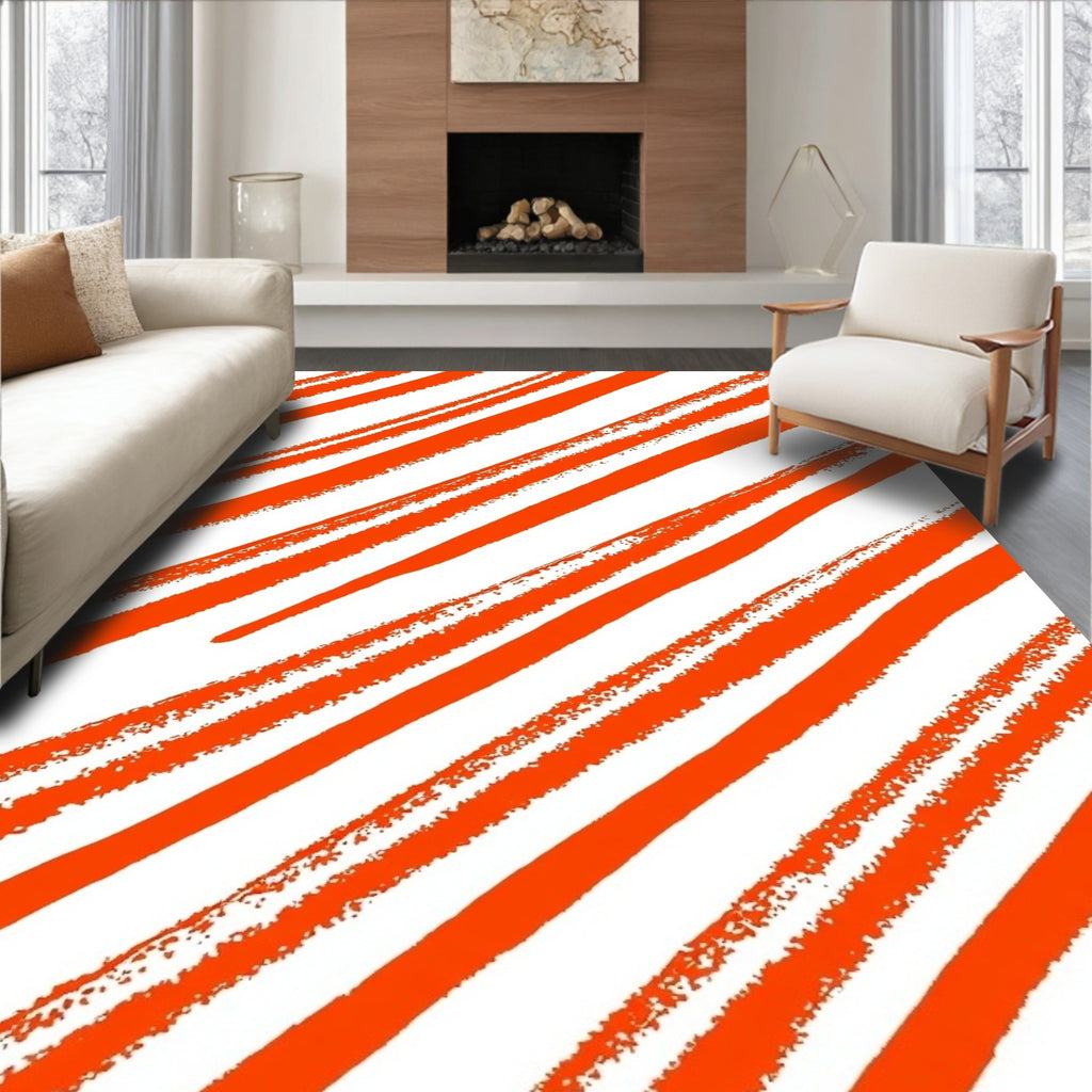 Bold Orange Diagonal Brush Stroke Pattern Rug
