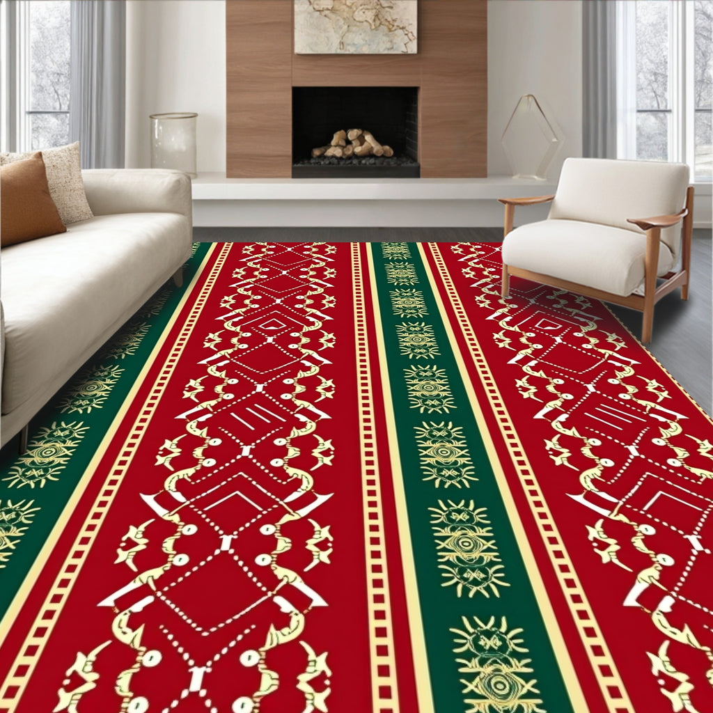 Tribal Stripe Pattern Red Green Design Rug