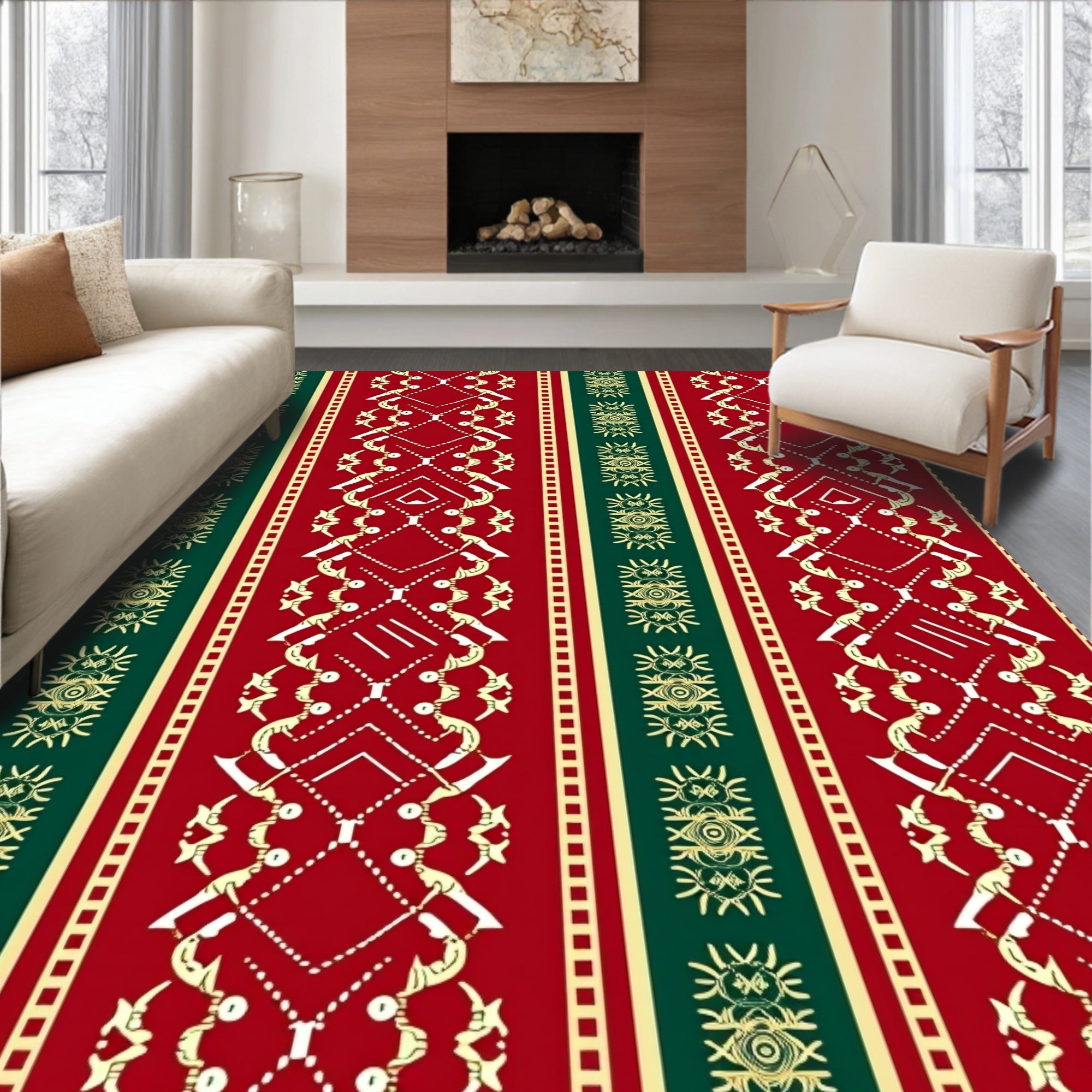 Tribal Stripe Pattern Red Green Design Rug