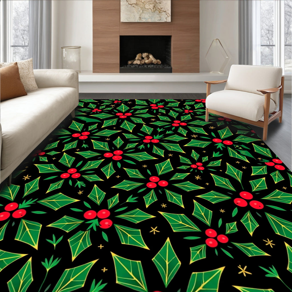 Festive Green Holly Berry Clusters Rug