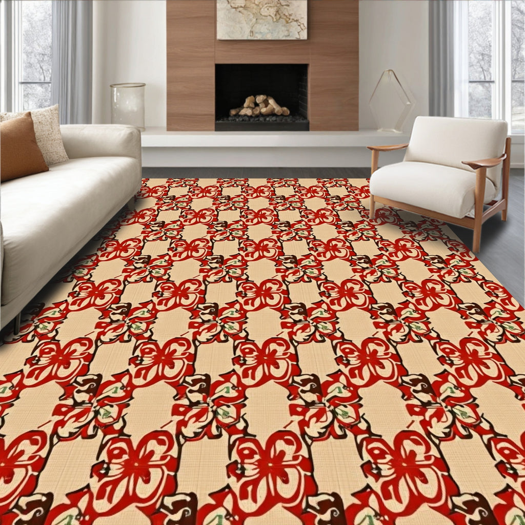 Classic Red Cream Floral Pattern Rug