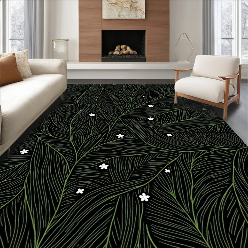 Lush Green Leaf Pattern with White Flowers Rug