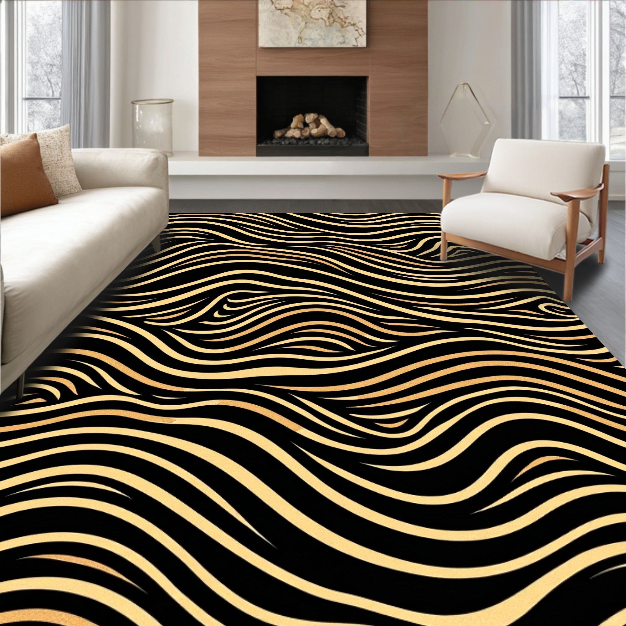 Elegant Gold Wave Pattern Rug