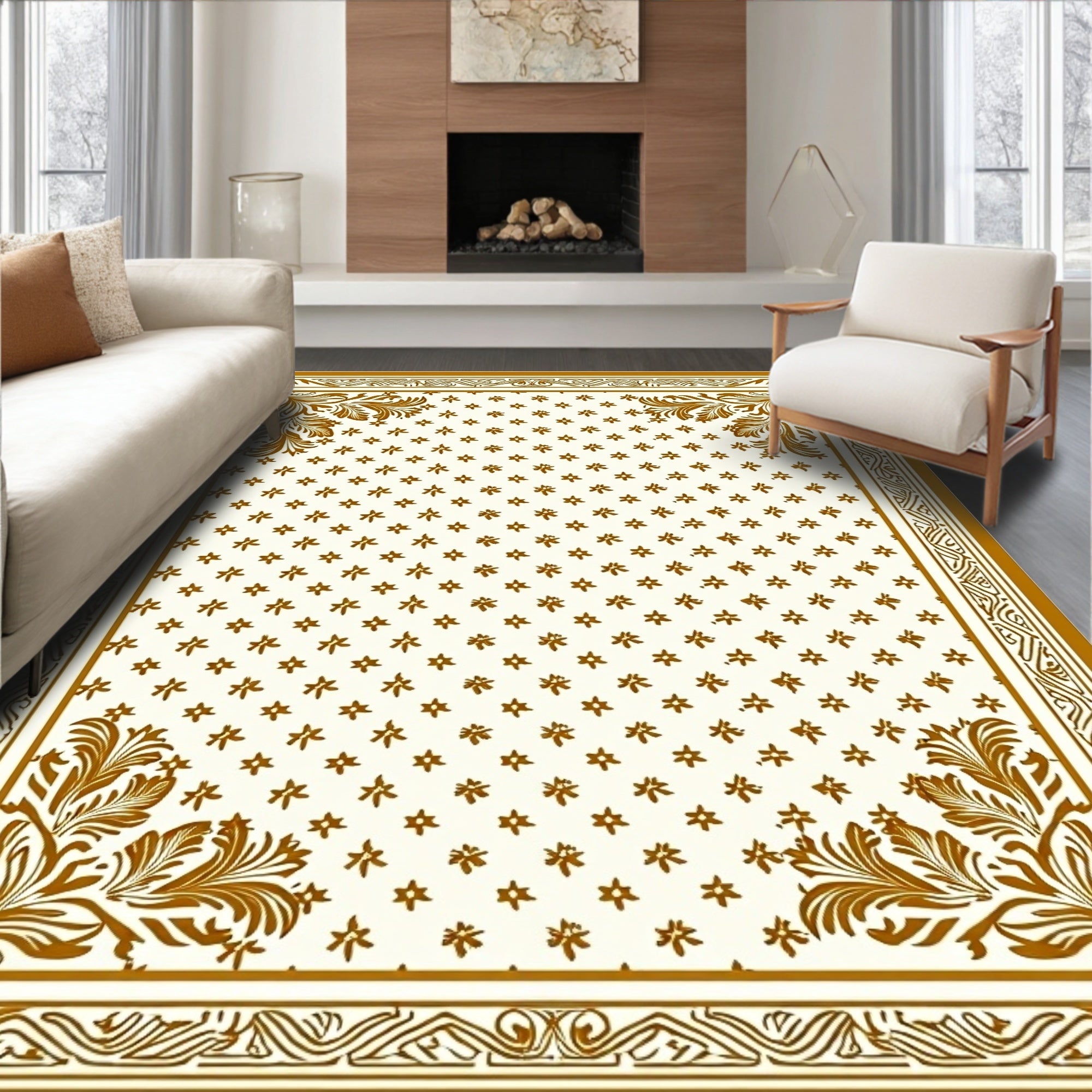 Chic Floral Bordered Ivory Rug