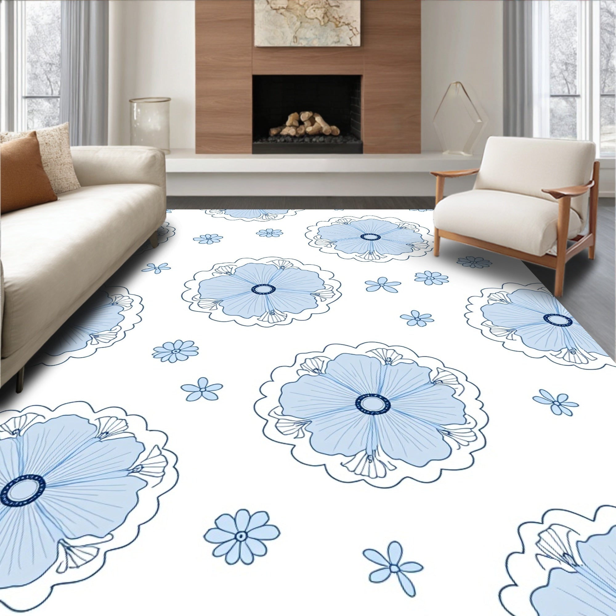 Delicate Blue Floral Pattern Design Rug