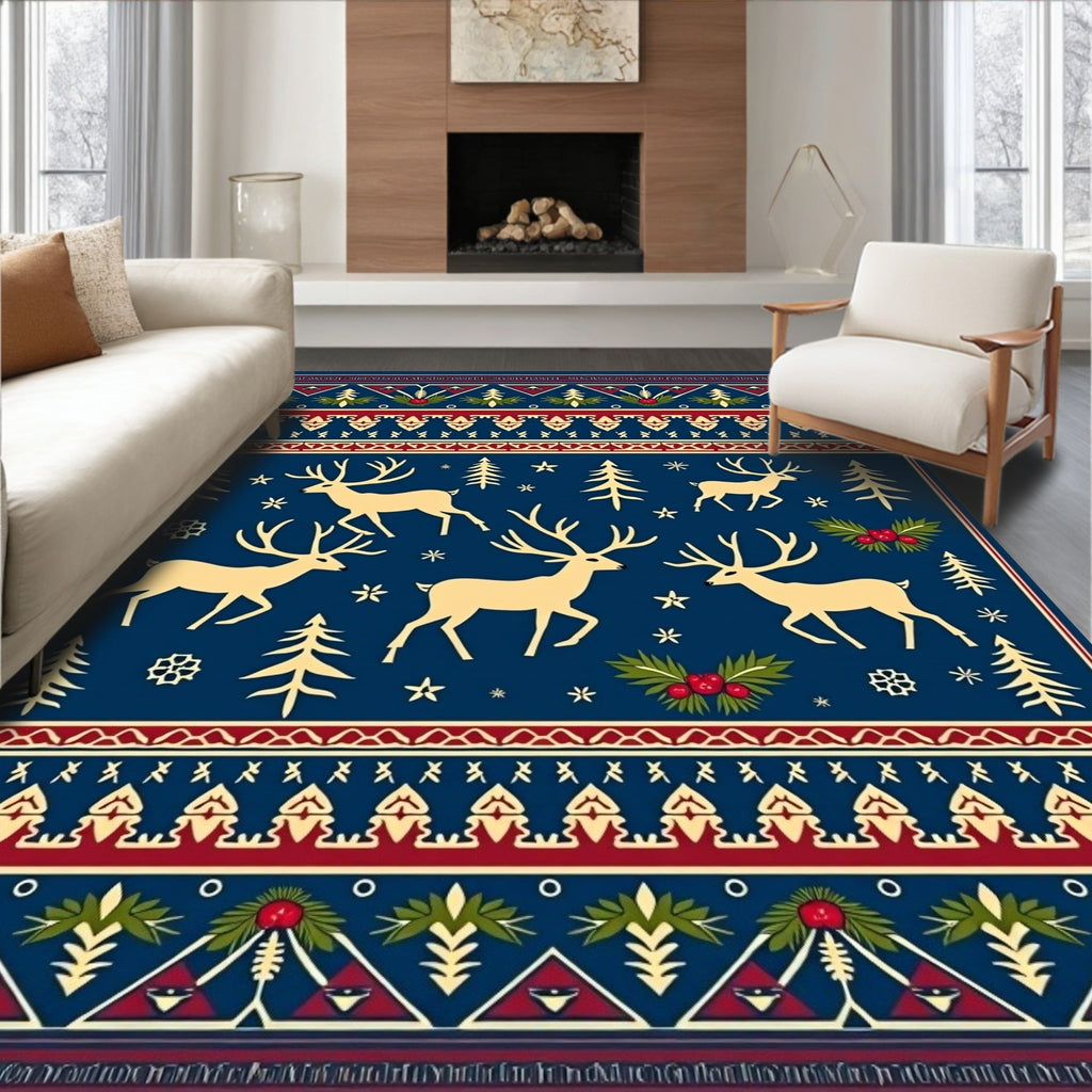 Navy Woodland Reindeer Folk Art Rug