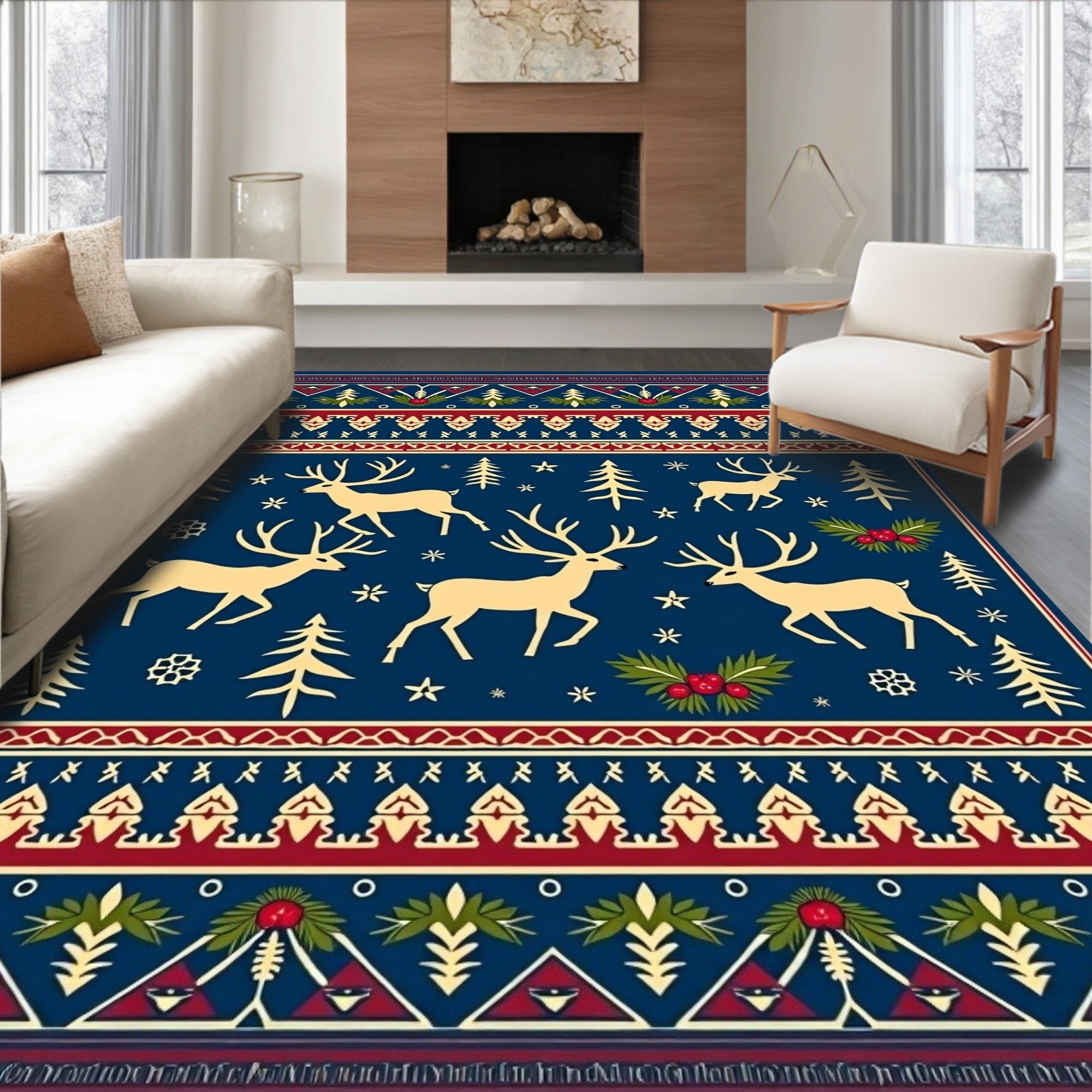 Navy Woodland Reindeer Folk Art Rug