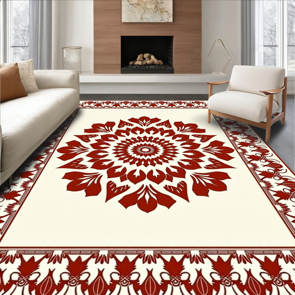 Crimson Mandala Floral Border Design Rug