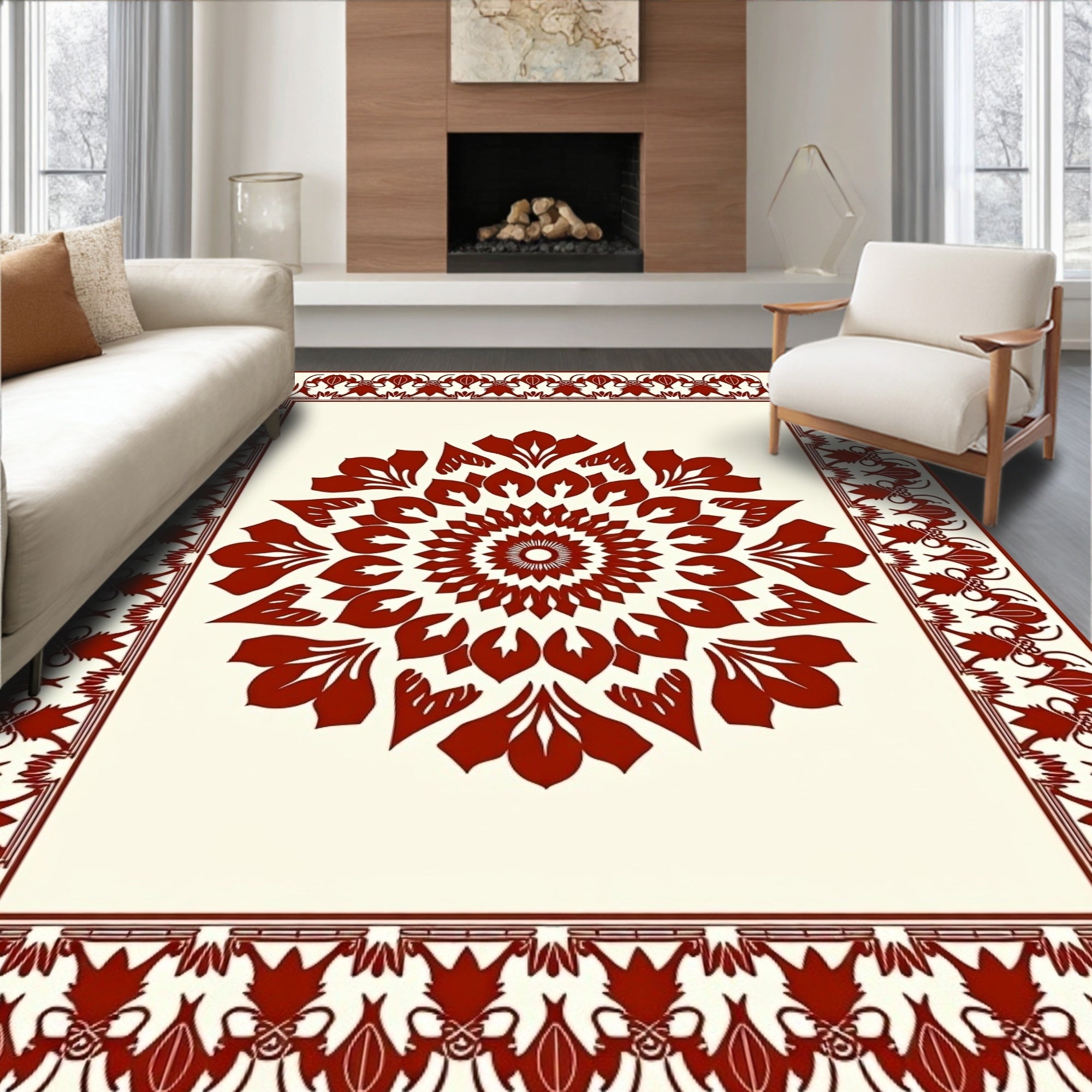 Crimson Mandala Floral Border Design Rug