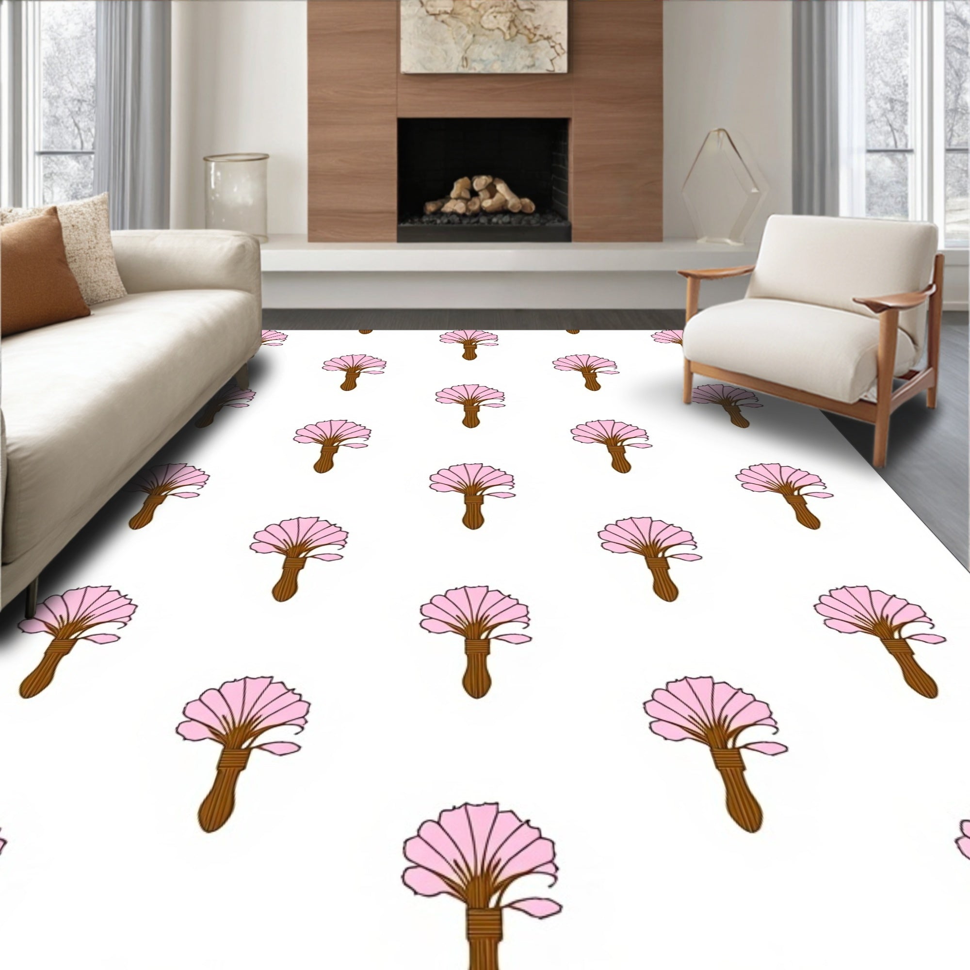 Pink Fan Flower Patterned Textile Rug