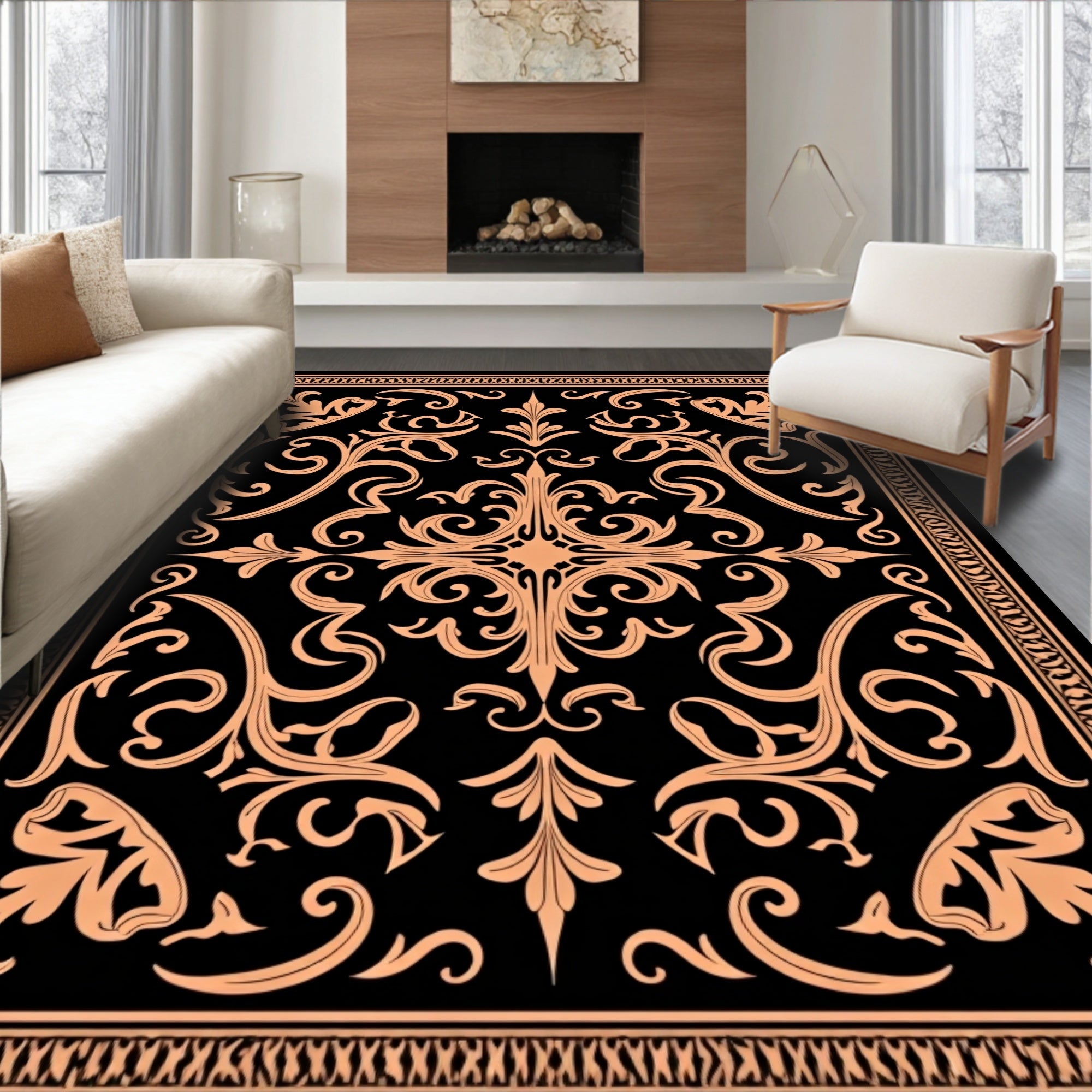 Ornate Black and Peach Flourish Design Rug