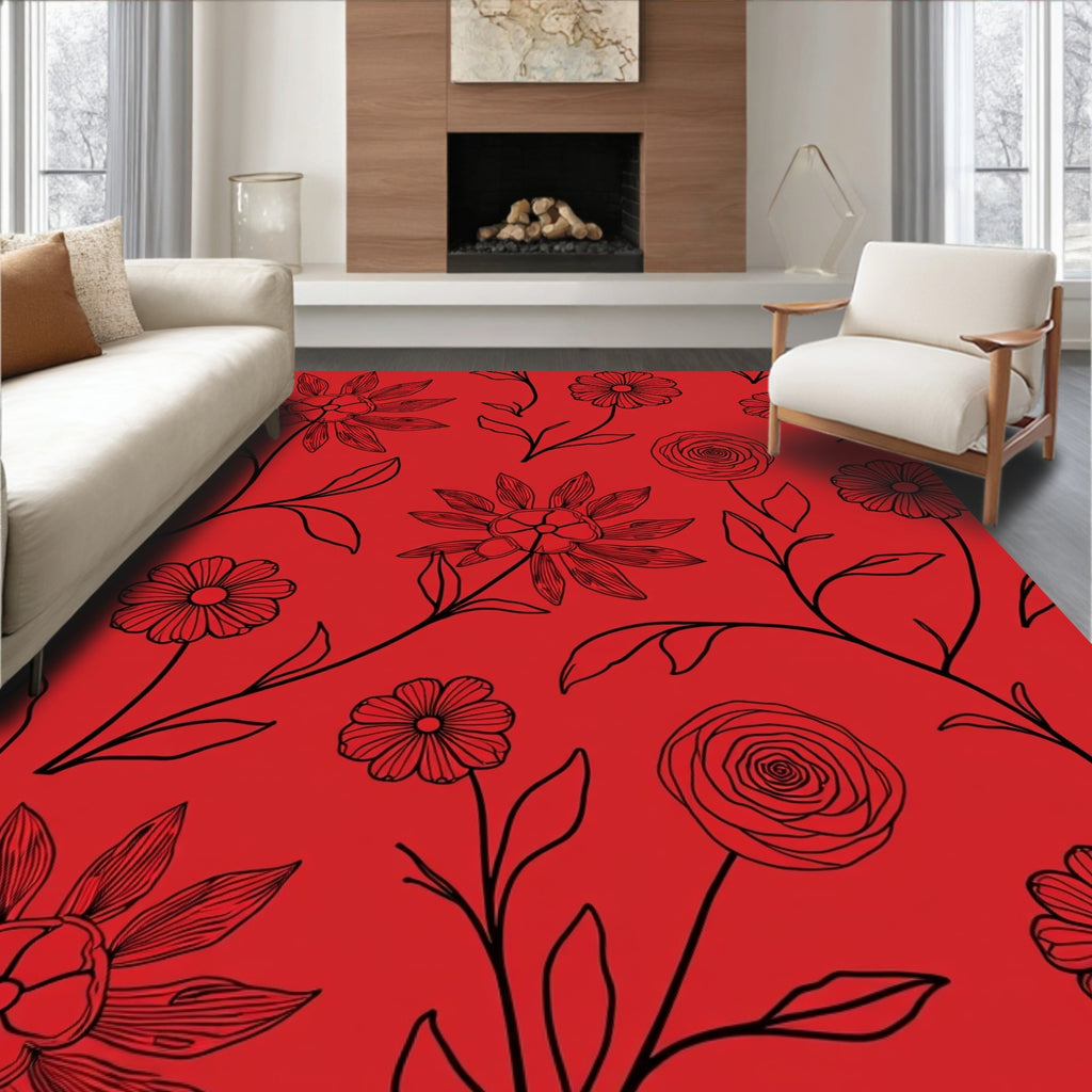 Bold Floral Outline Red Design Rug